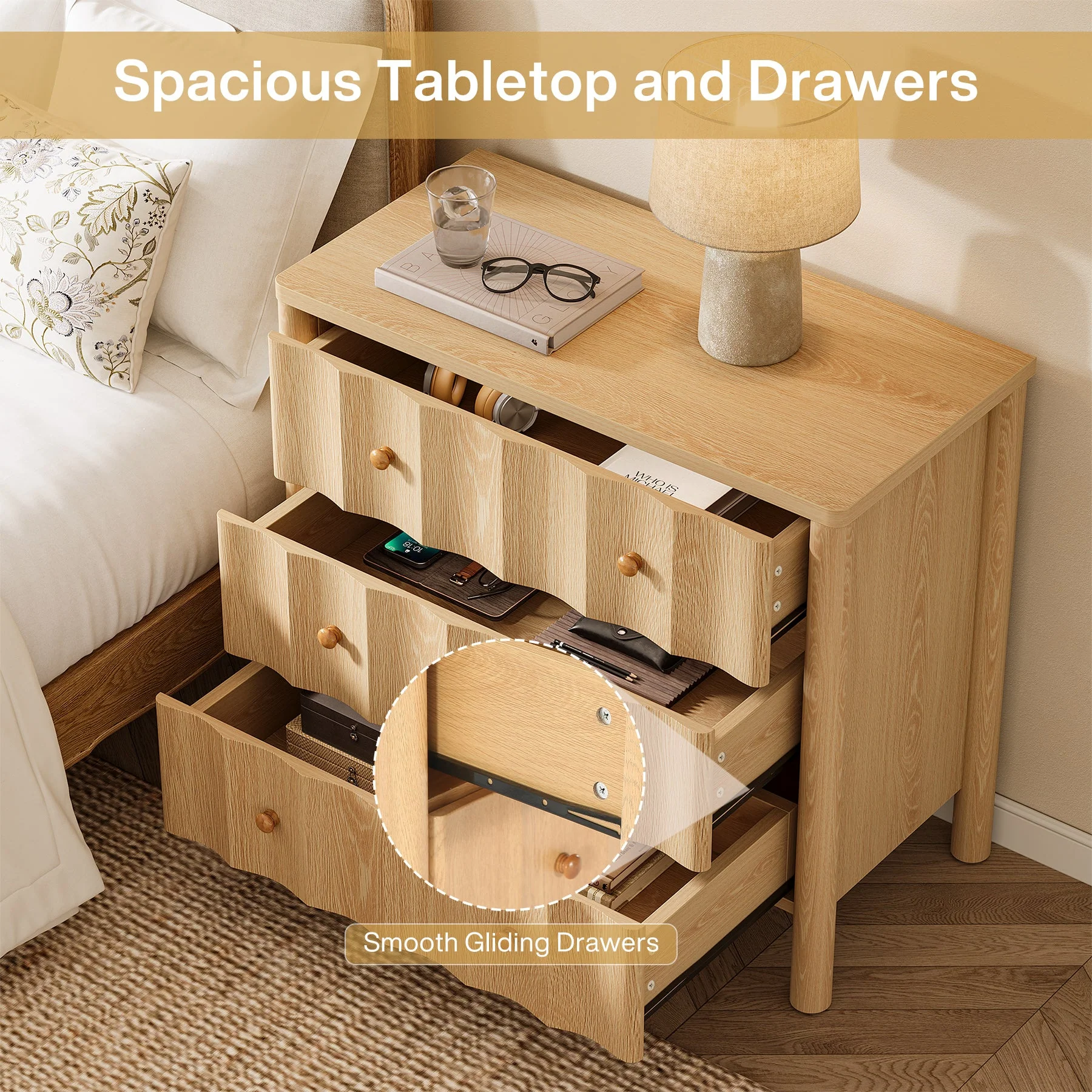 31.5" Nightstand, Modern Oversized Bedside Table with 3 Drawers for Bedroom - Image 6