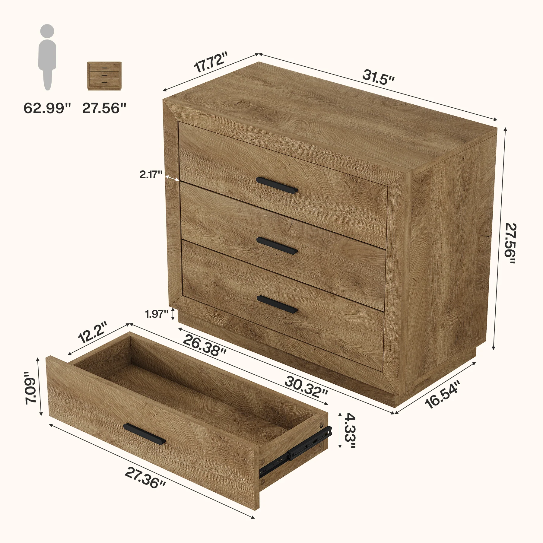 31.5" Large Nightstand, Oversized Bedside Table with 3 Drawers for Bedroom - Image 2