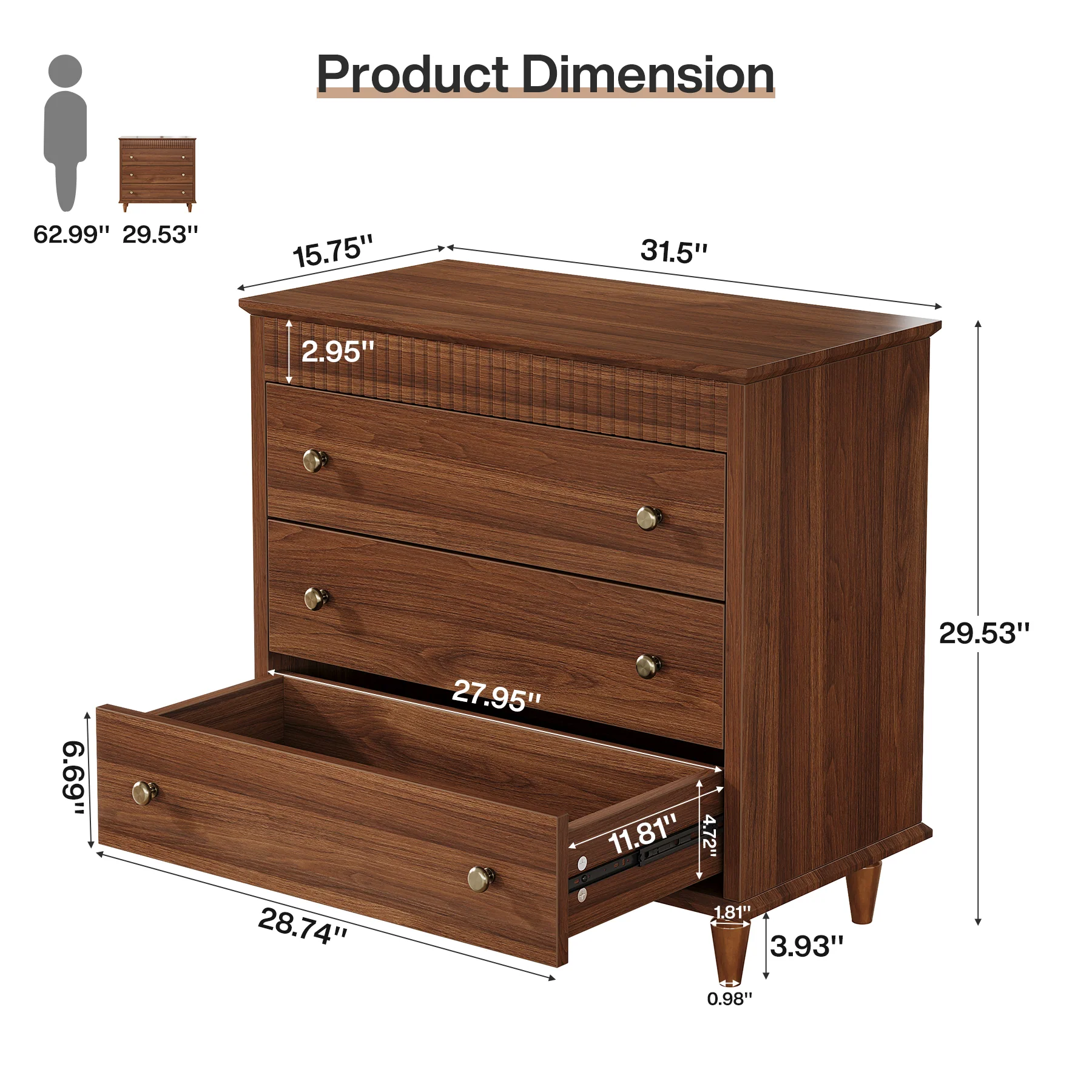 Nightstand with 3 Drawers, 31.5" Oversized Bedside Table with Mental Handles - Image 2