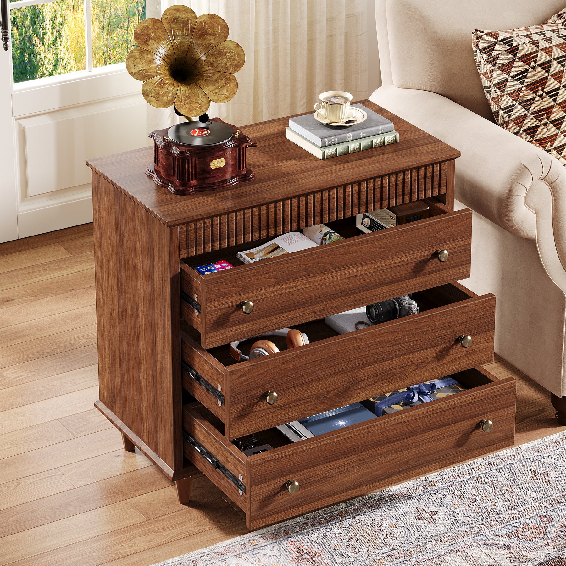 Nightstand with 3 Drawers, 31.5" Oversized Bedside Table with Mental Handles - Image 6