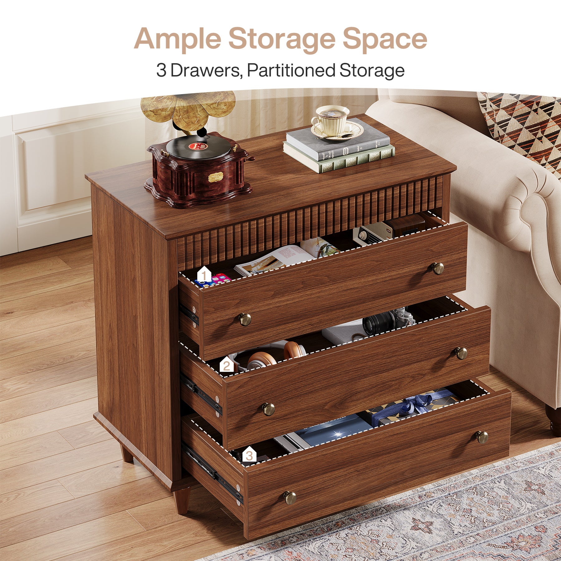 Nightstand with 3 Drawers, 31.5" Oversized Bedside Table with Mental Handles - Image 7