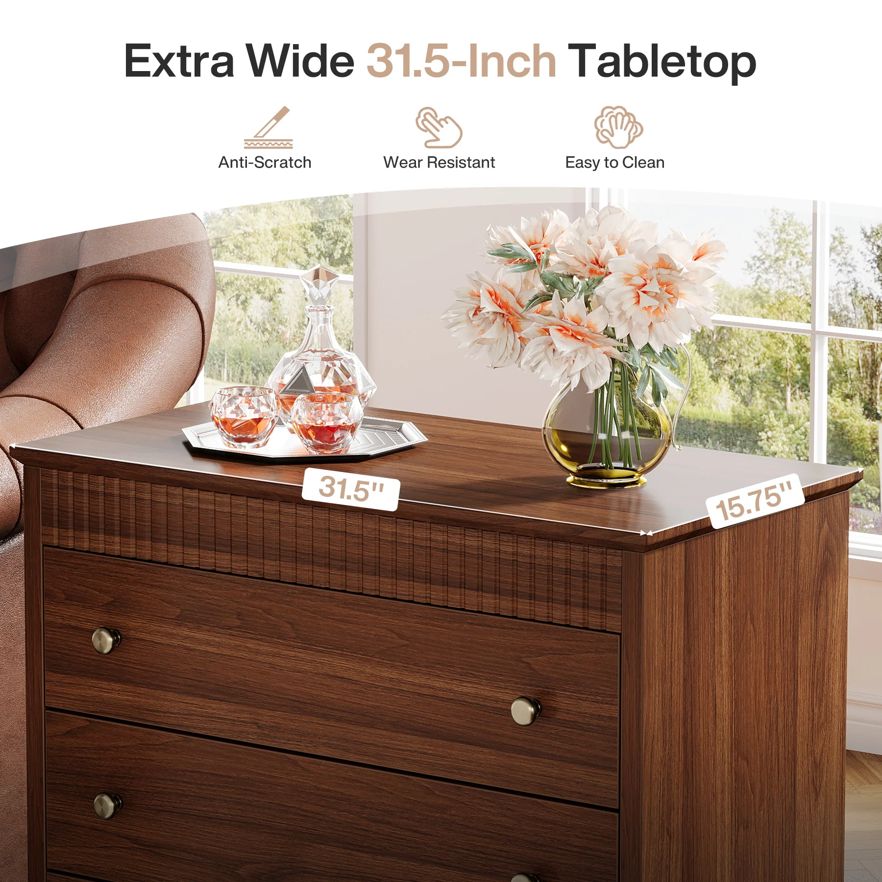 Nightstand with 3 Drawers, 31.5" Oversized Bedside Table with Mental Handles - Image 8