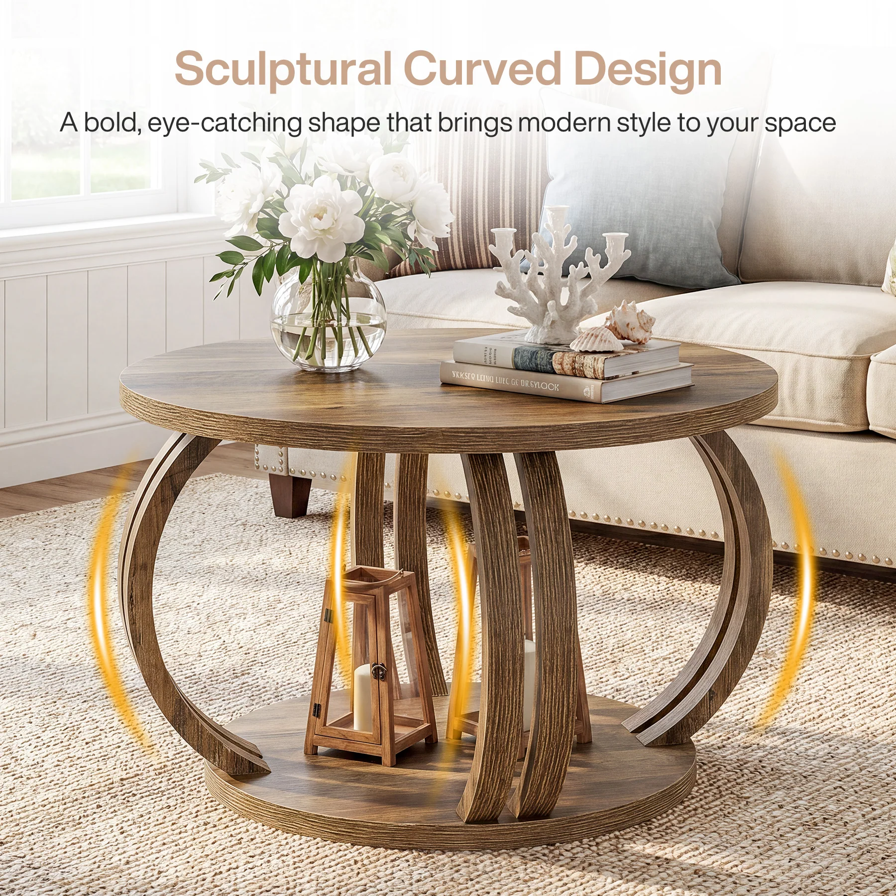 Round Coffee Table, 31.5" Center Table with 2-Tier Storage Shelf & Sculptural Curved Base - Image 6