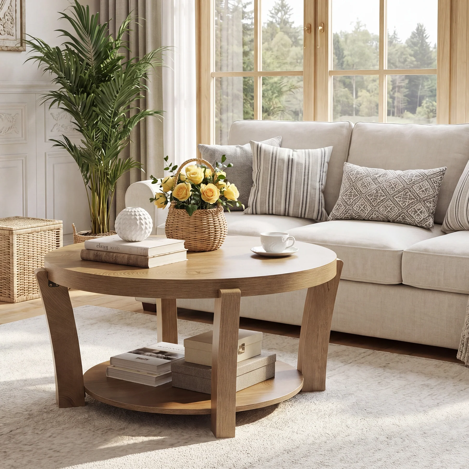 31.5" Round Coffee Table, Farmhouse Center Table with Storage, Easy Assembly - Image 3