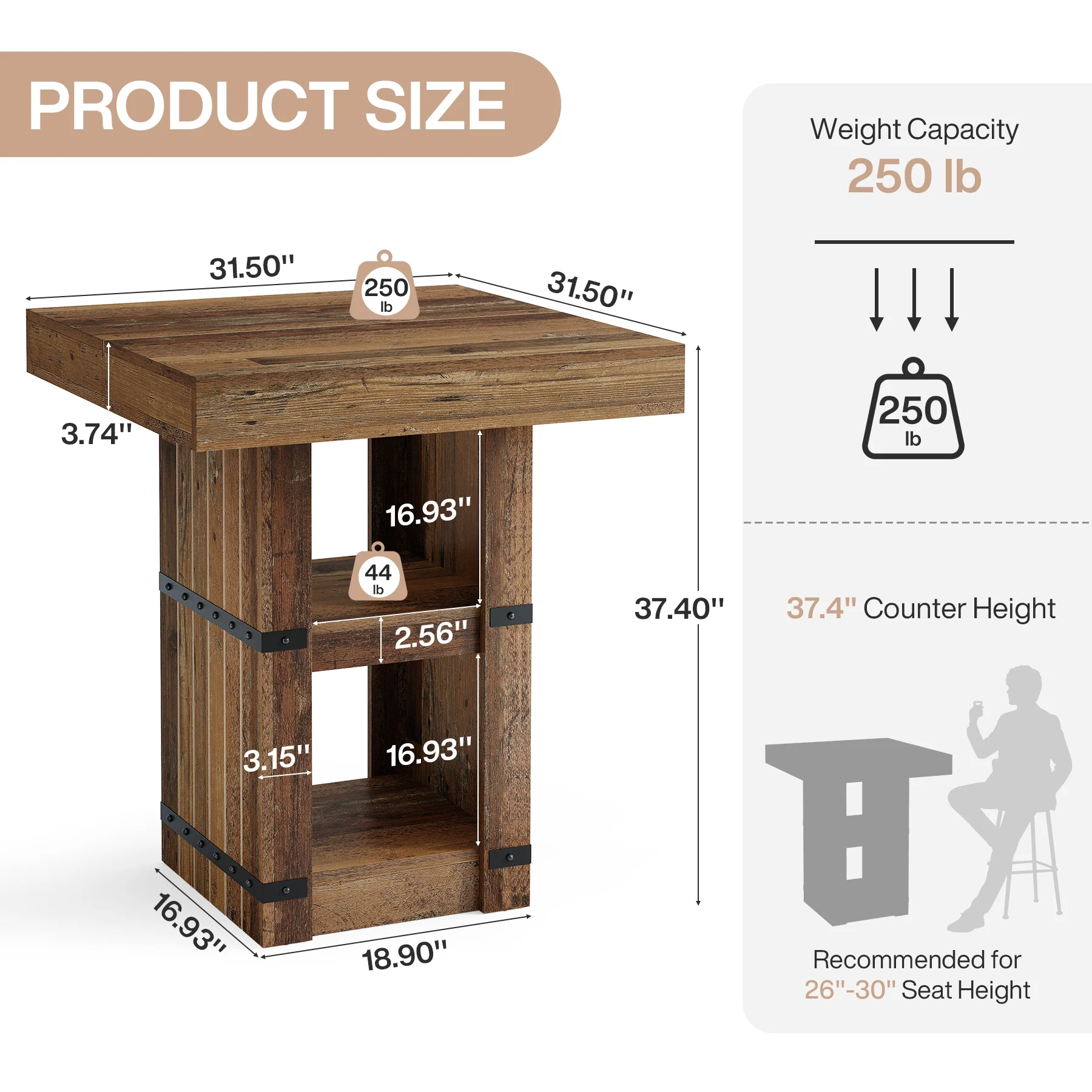 31.5" Square Bar Table, Counter Height Dining Table with Storage Base - Image 2