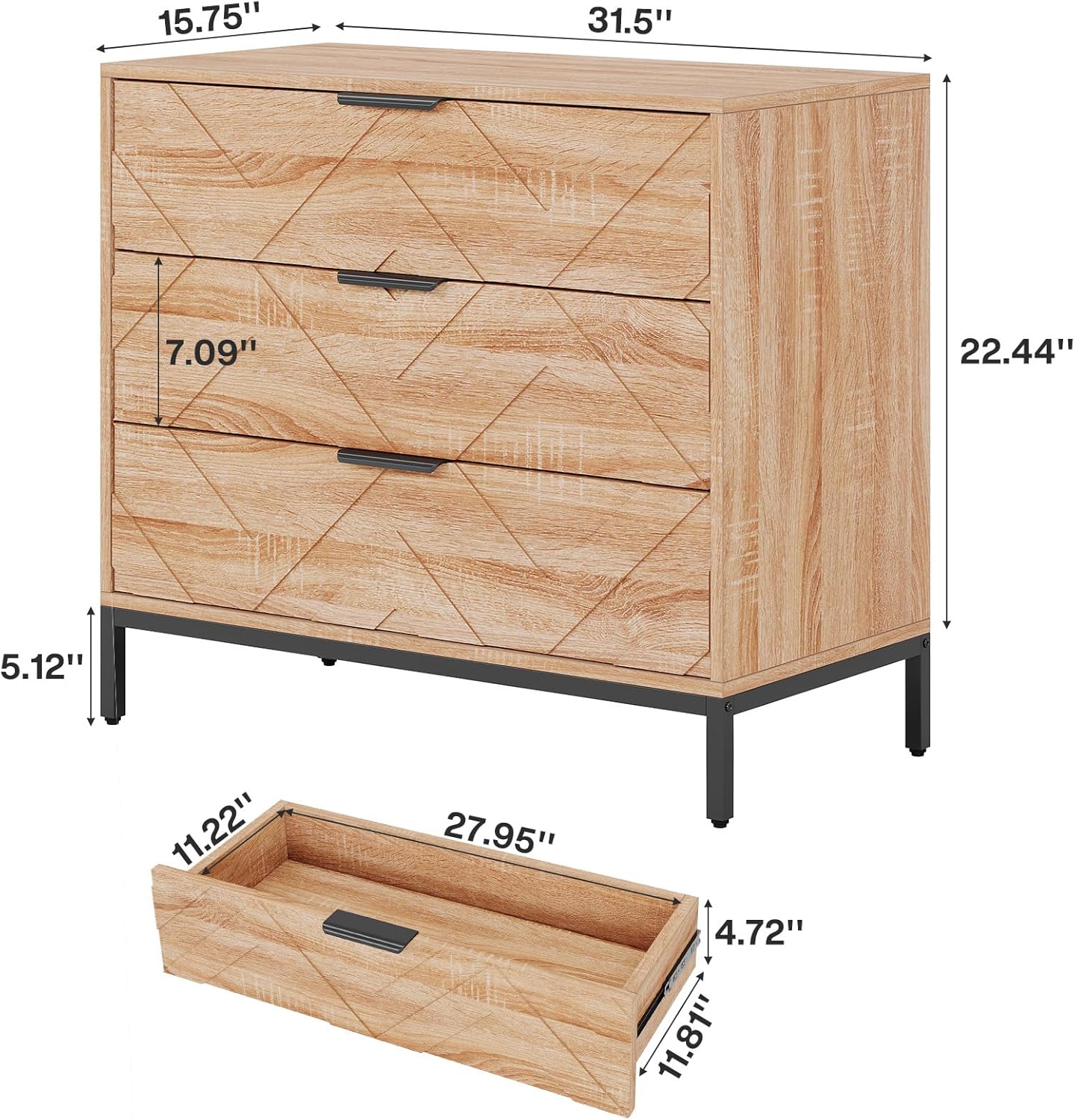31.5" Wide Nightstand, Modern Large Bedside End Table with 3 Drawers - Image 2