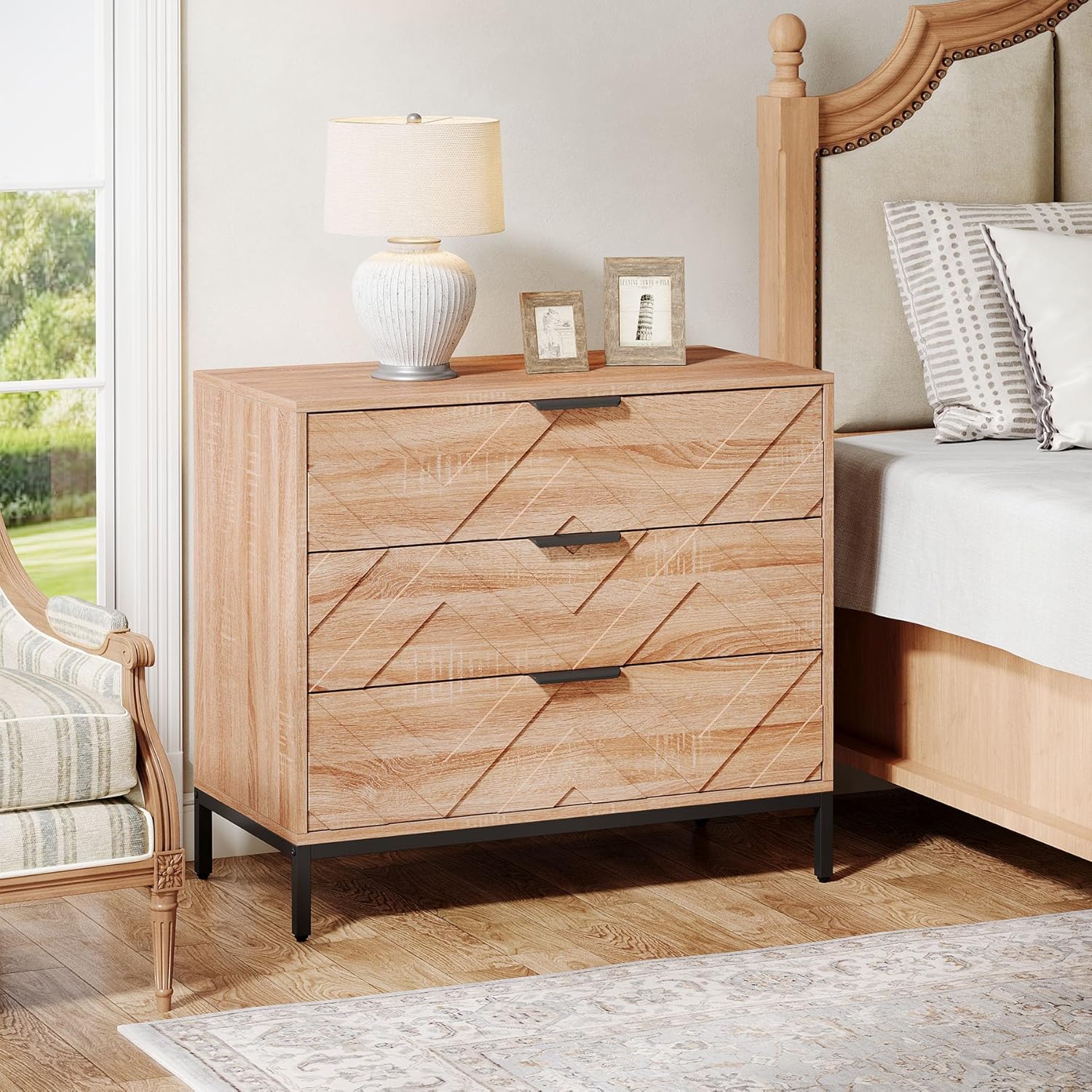 31.5" Wide Nightstand, Modern Large Bedside End Table with 3 Drawers - Image 6