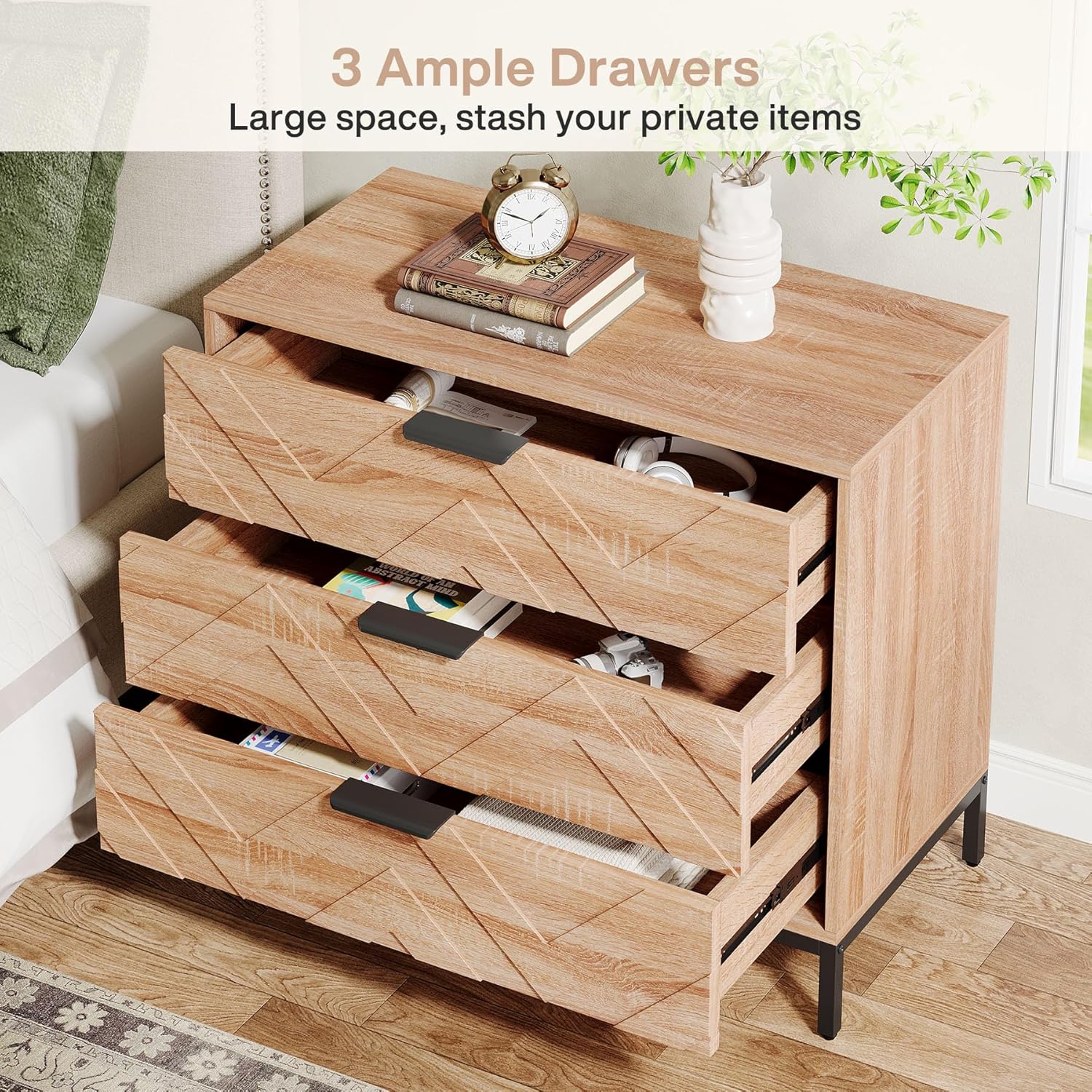 31.5" Wide Nightstand, Modern Large Bedside End Table with 3 Drawers - Image 7