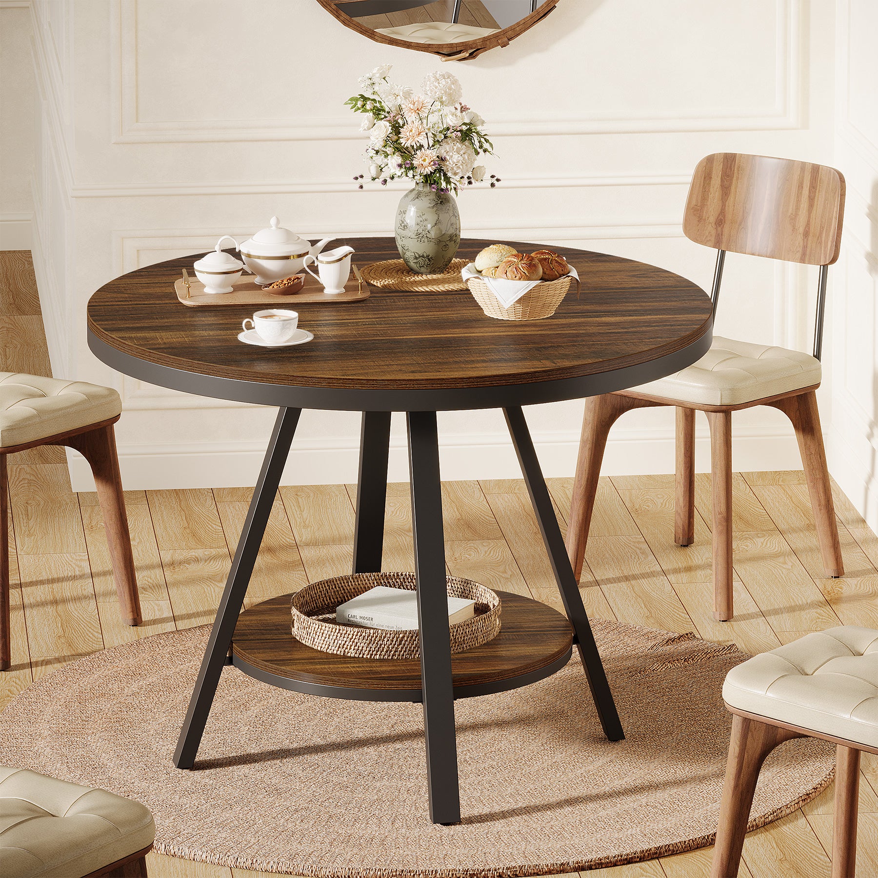 35" Round Dining Table for 2-4 People, 2-Tier Industrial Small Kitchen Dinner