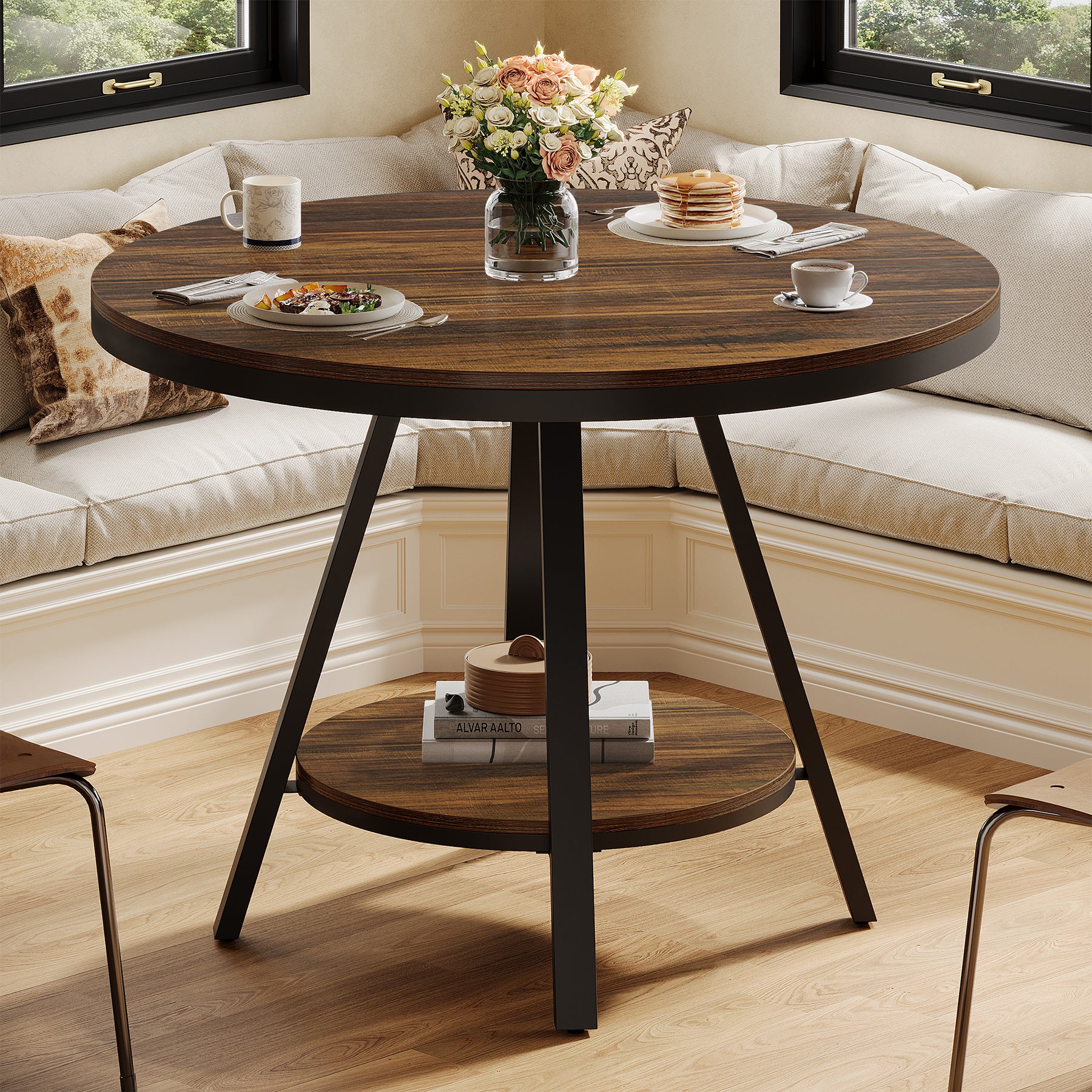 35" Round Dining Table for 2-4 People, 2-Tier Industrial Small Kitchen Dinner - Image 3