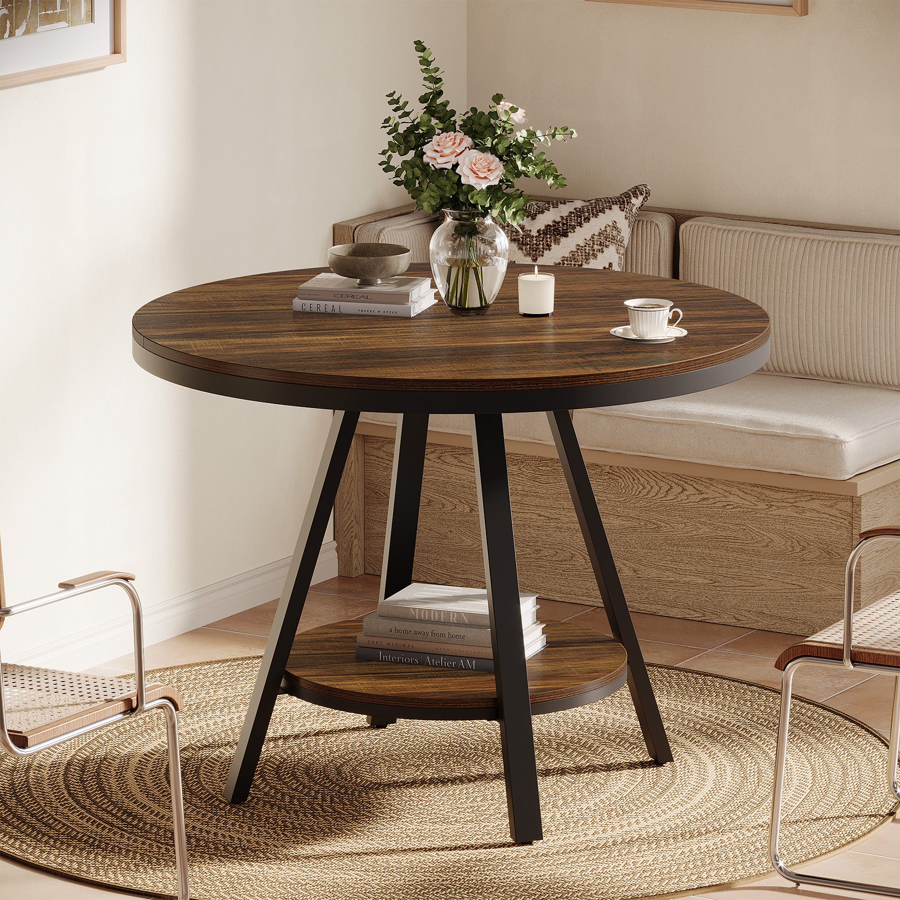 35" Round Dining Table for 2-4 People, 2-Tier Industrial Small Kitchen Dinner - Image 5