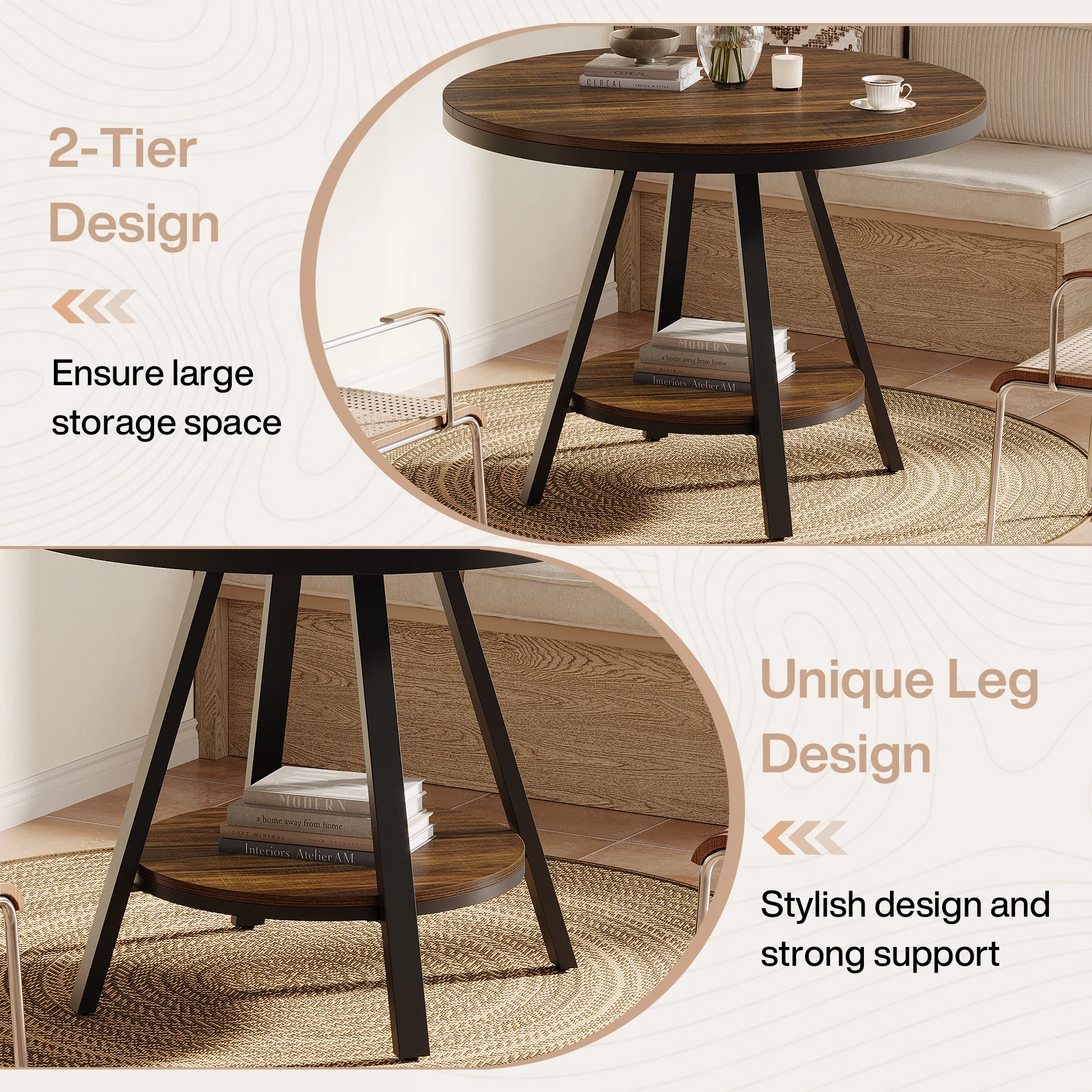 35" Round Dining Table for 2-4 People, 2-Tier Industrial Small Kitchen Dinner - Image 8