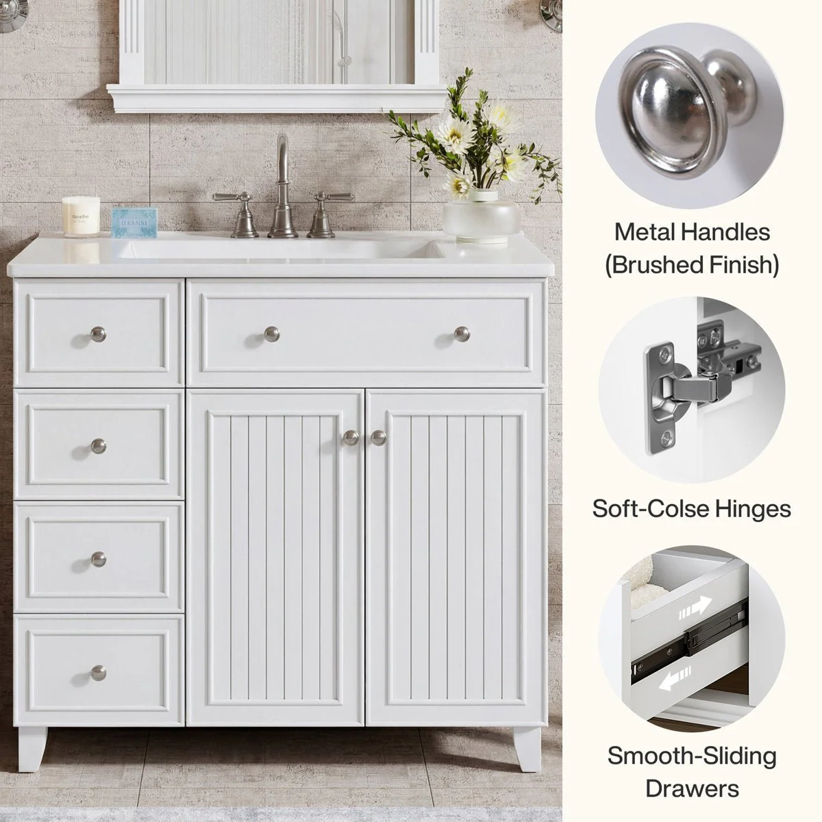 36" Bathroom Vanity With Ceramic Basin, Bathroom Sink Cabinet with Drawers - Image 2