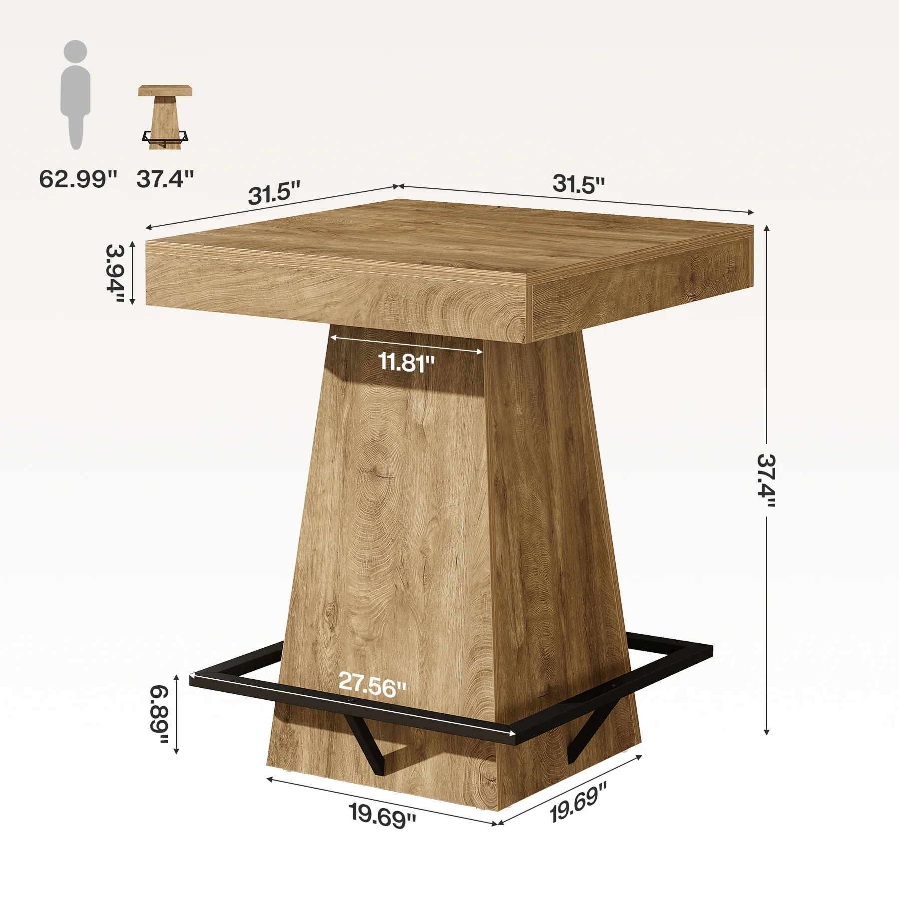Tribesigns 37.4" Square Bar Table, Pub Table with Footrest for Dining Room - Image 2