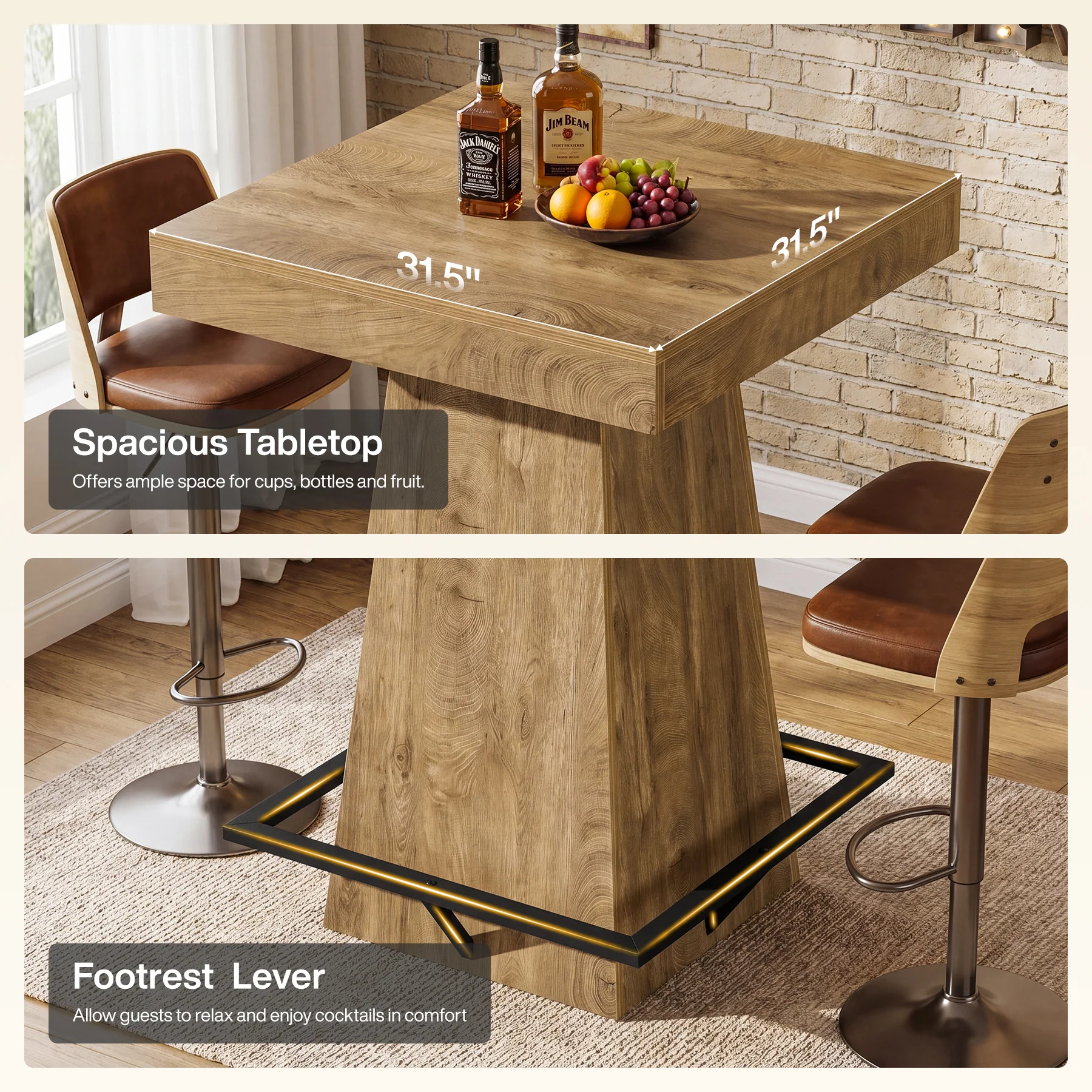 Tribesigns 37.4" Square Bar Table, Pub Table with Footrest for Dining Room - Image 3