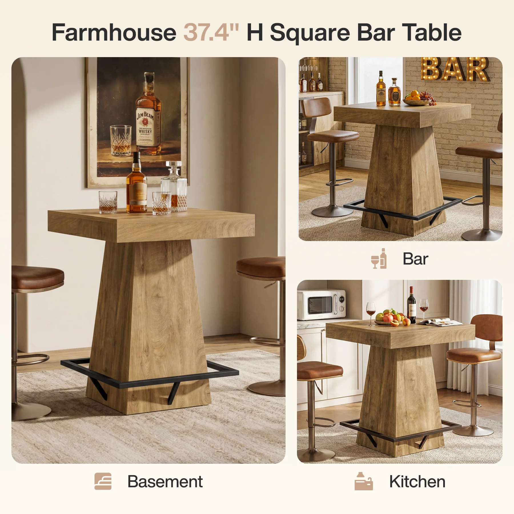 Tribesigns 37.4" Square Bar Table, Pub Table with Footrest for Dining Room - Image 4