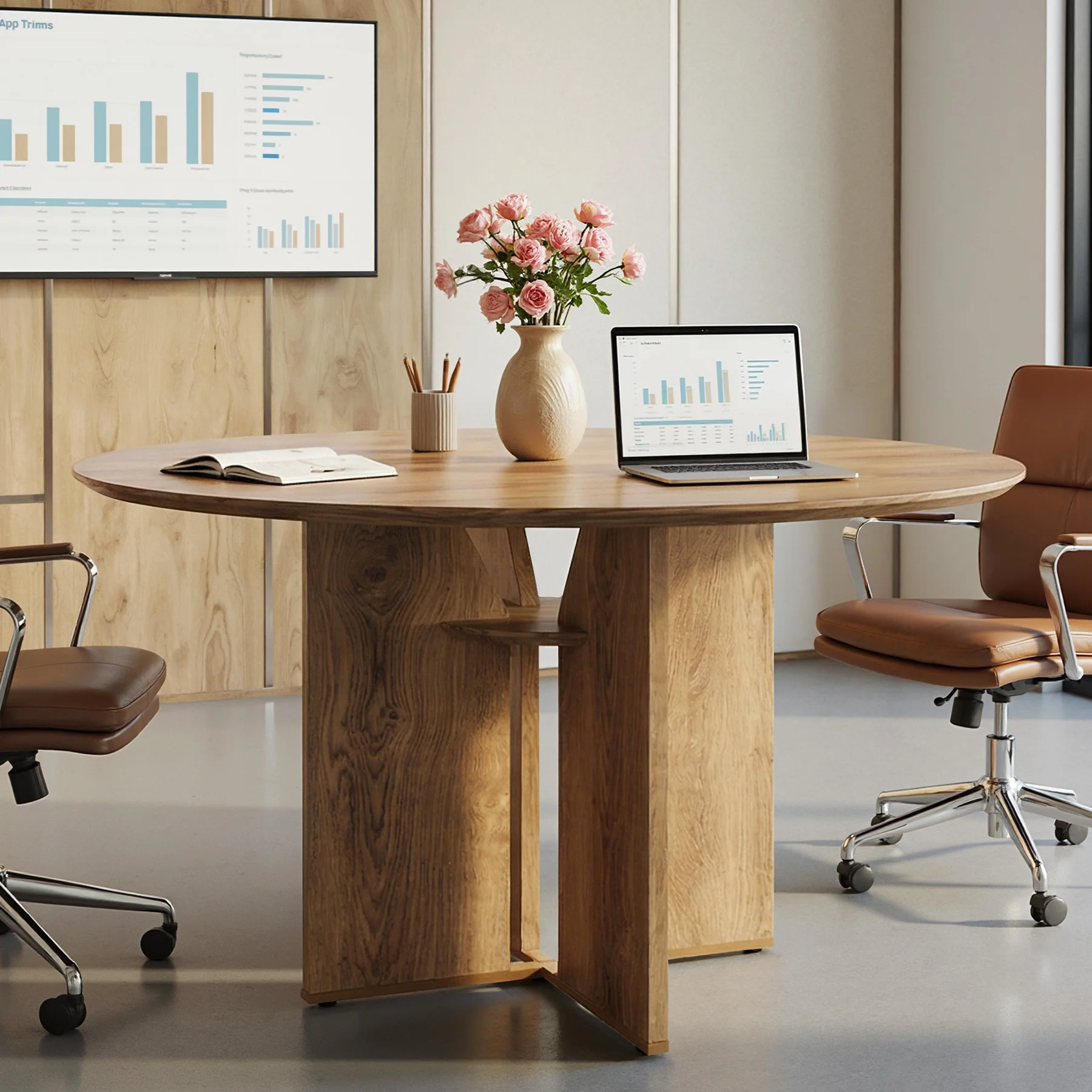 39.37" Conference Table for 4, Round Office Table with Lower Storage Shelf - Image 3