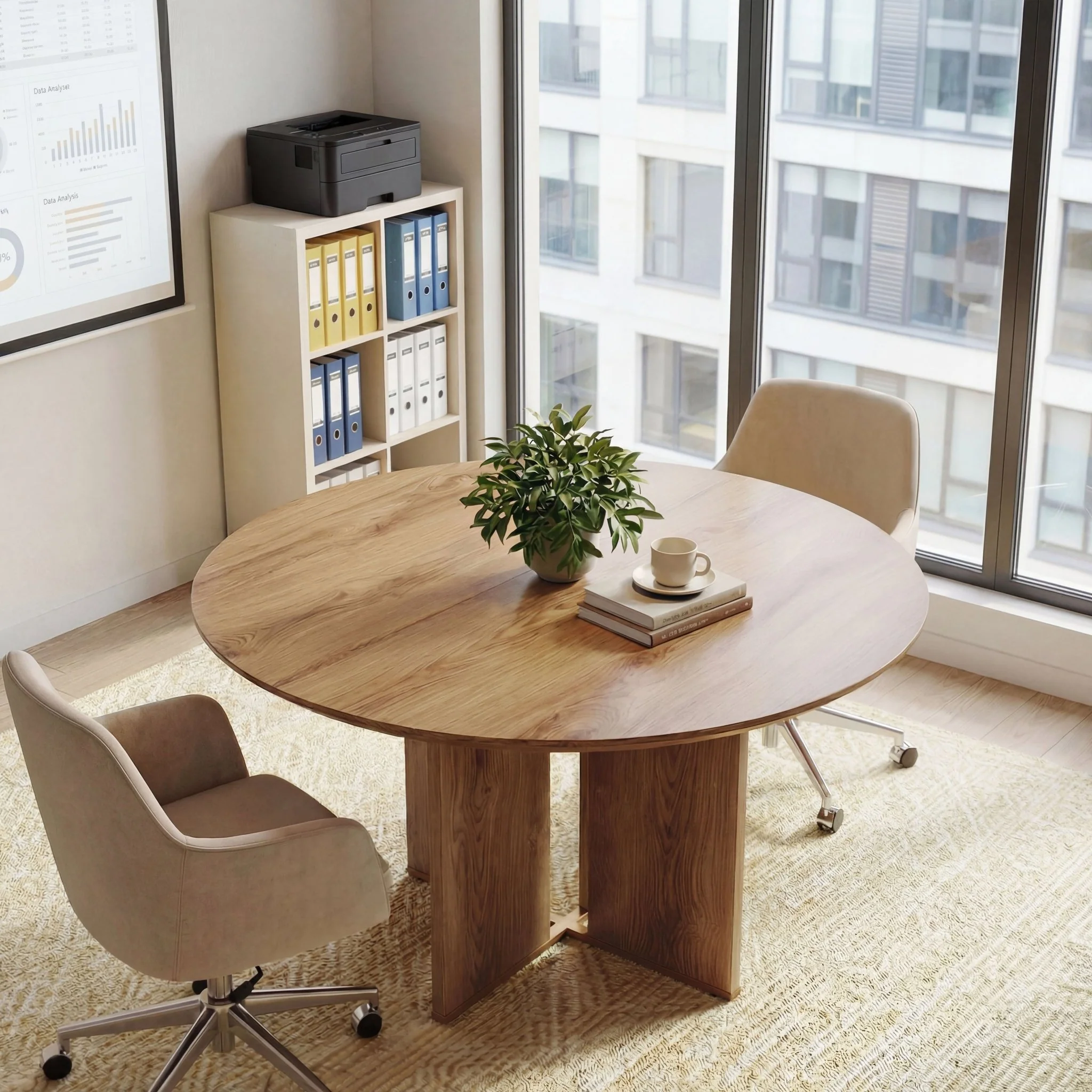 39.37" Conference Table for 4, Round Office Table with Lower Storage Shelf - Image 4