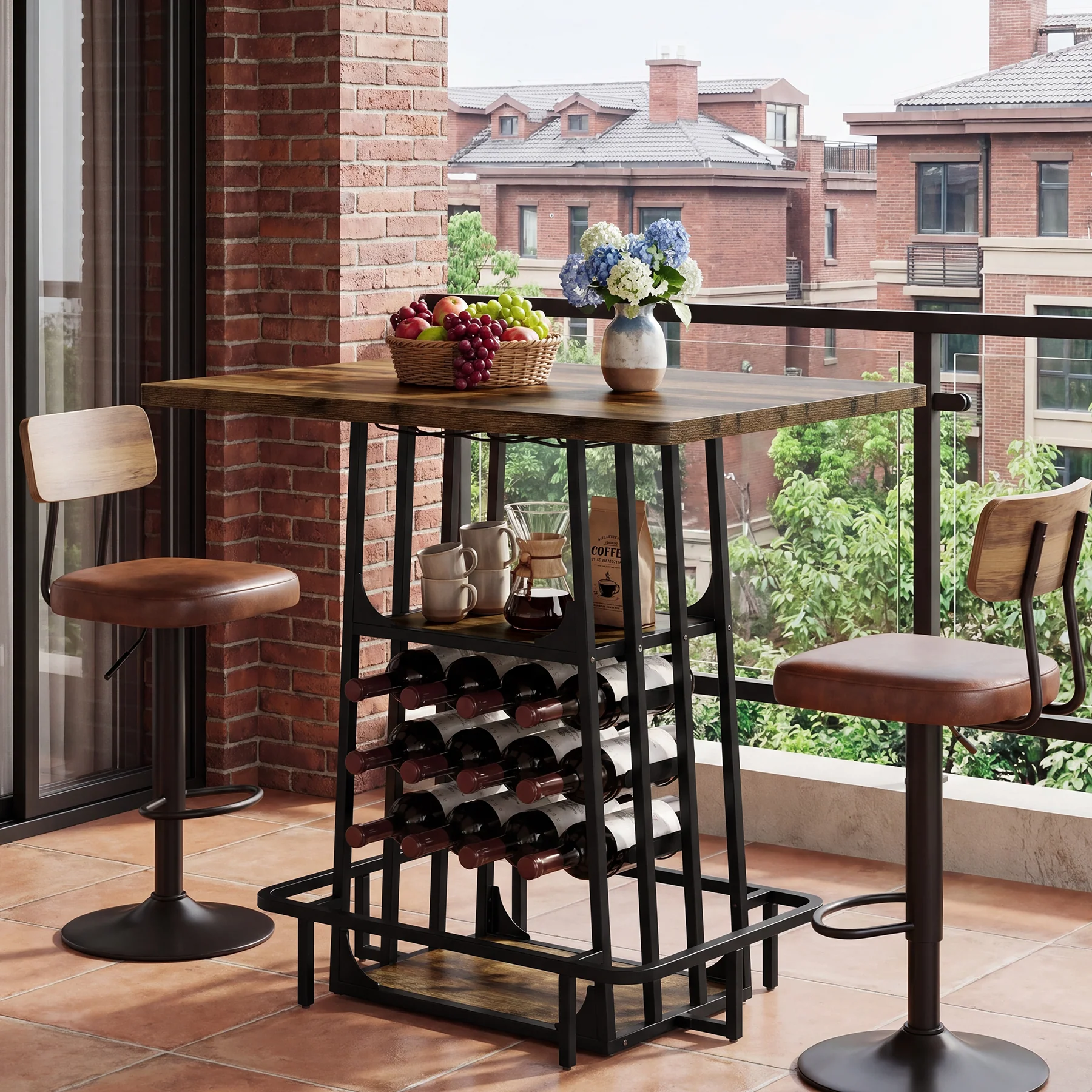 39.4" Bar Table with Storage, 3-Tier Counter Height Pub Table with Glass Holder & Wine Rack - Image 4
