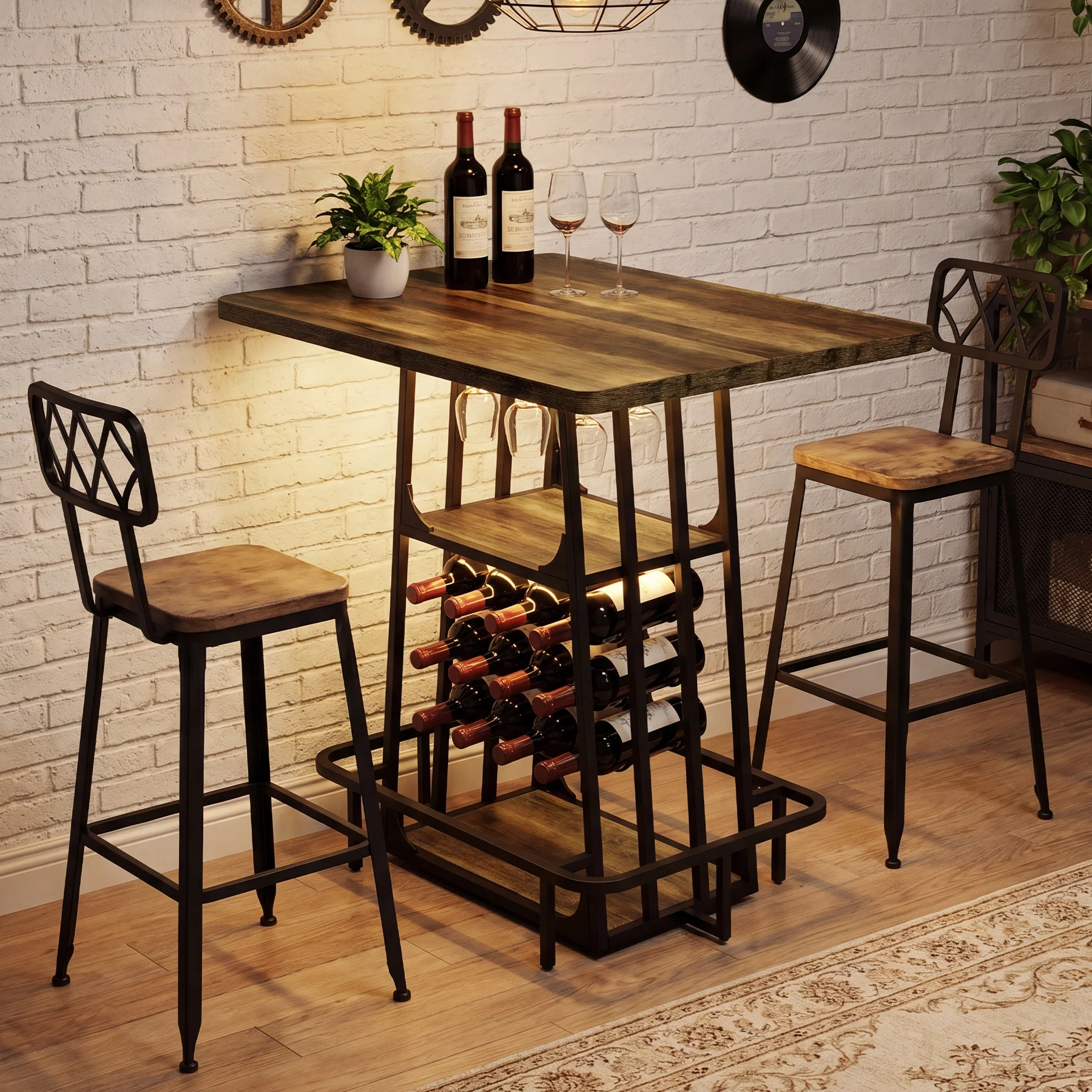 39.4" Bar Table with Storage, 3-Tier Counter Height Pub Table with Glass Holder & Wine Rack - Image 5