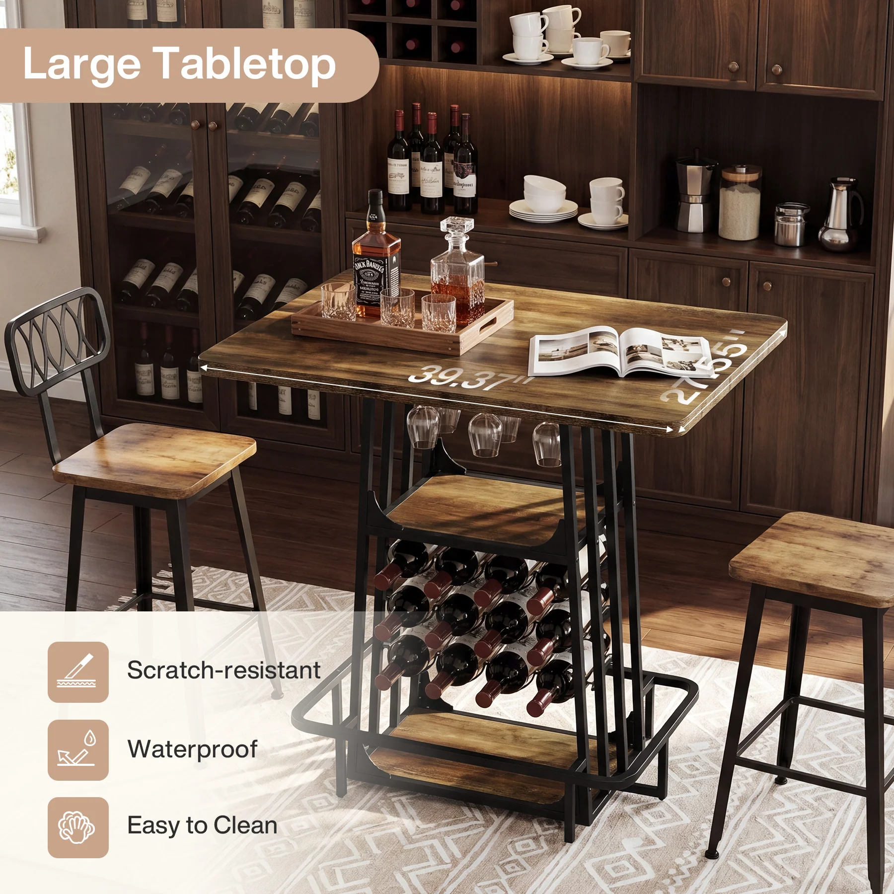 39.4" Bar Table with Storage, 3-Tier Counter Height Pub Table with Glass Holder & Wine Rack - Image 6