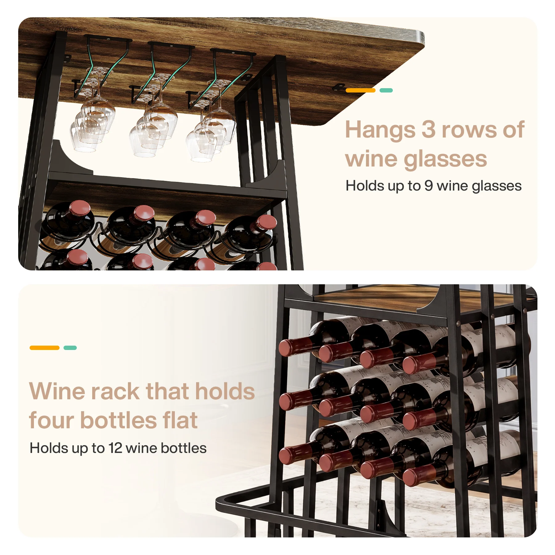 39.4" Bar Table with Storage, 3-Tier Counter Height Pub Table with Glass Holder & Wine Rack - Image 7