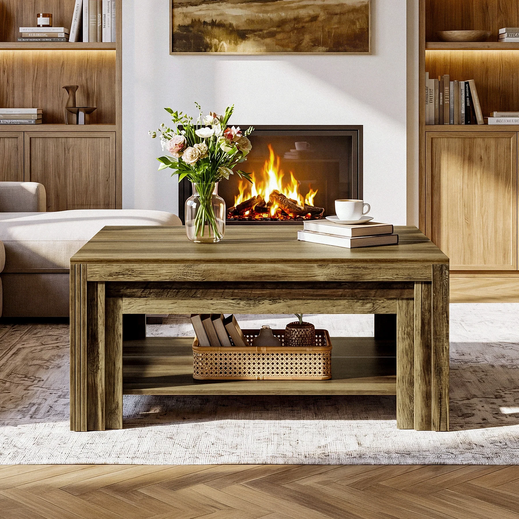 Tribesigns 39.37-Inch Square Coffee Table, Farmhouse Center Table with Shelf for Living Room - Image 12