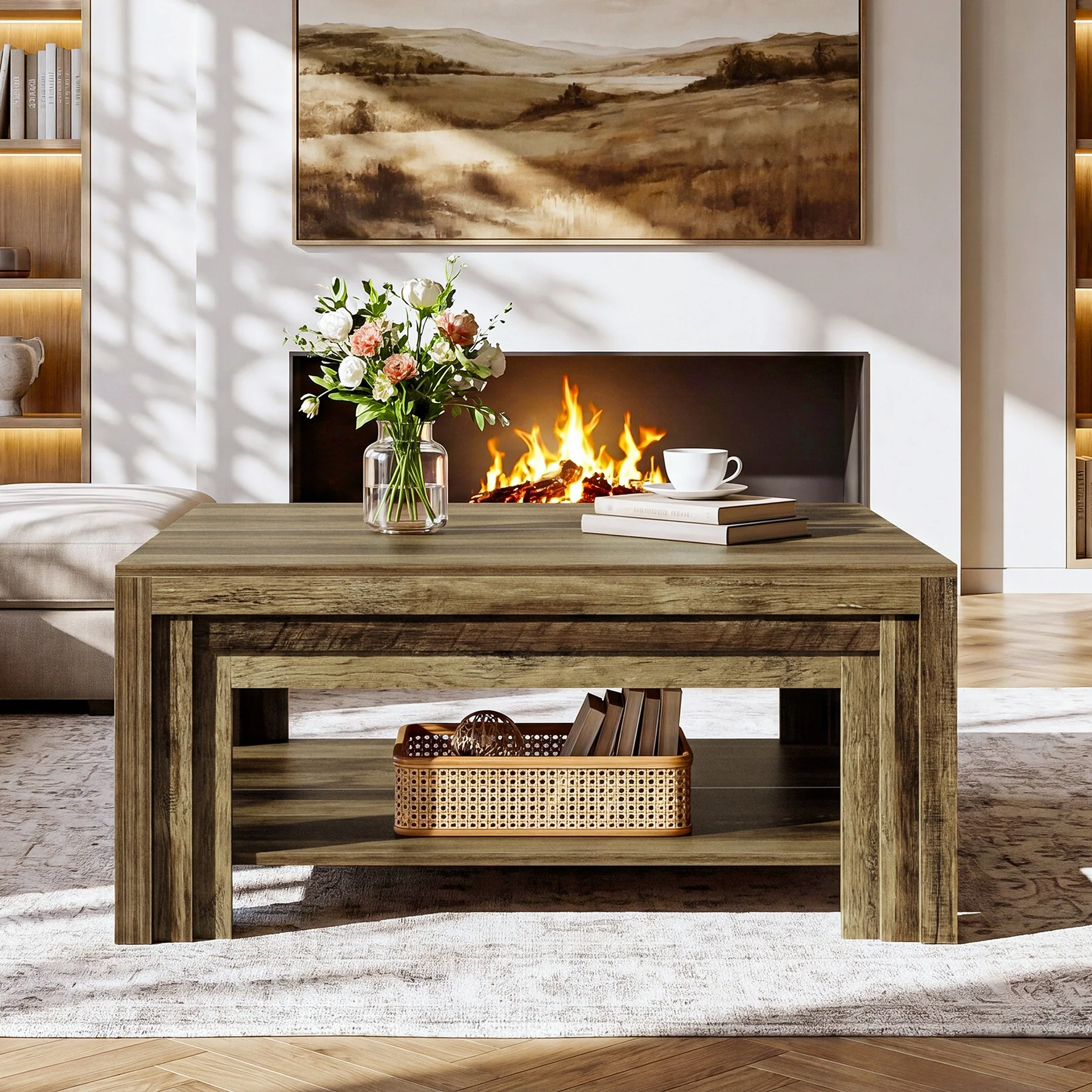 Tribesigns 39.37-Inch Square Coffee Table, Farmhouse Center Table with Shelf for Living Room - Image 13
