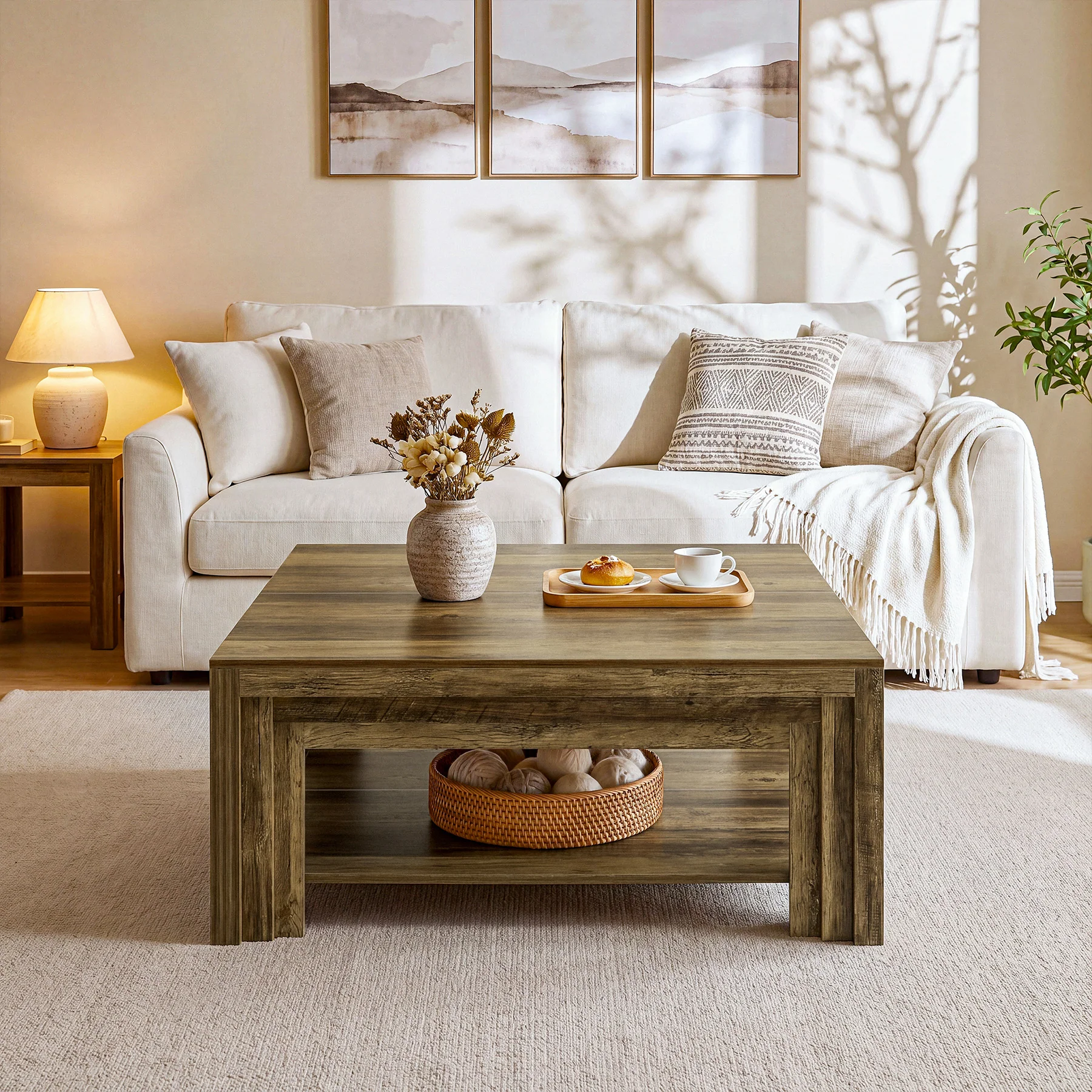 Tribesigns 39.37-Inch Square Coffee Table, Farmhouse Center Table with Shelf for Living Room - Image 16
