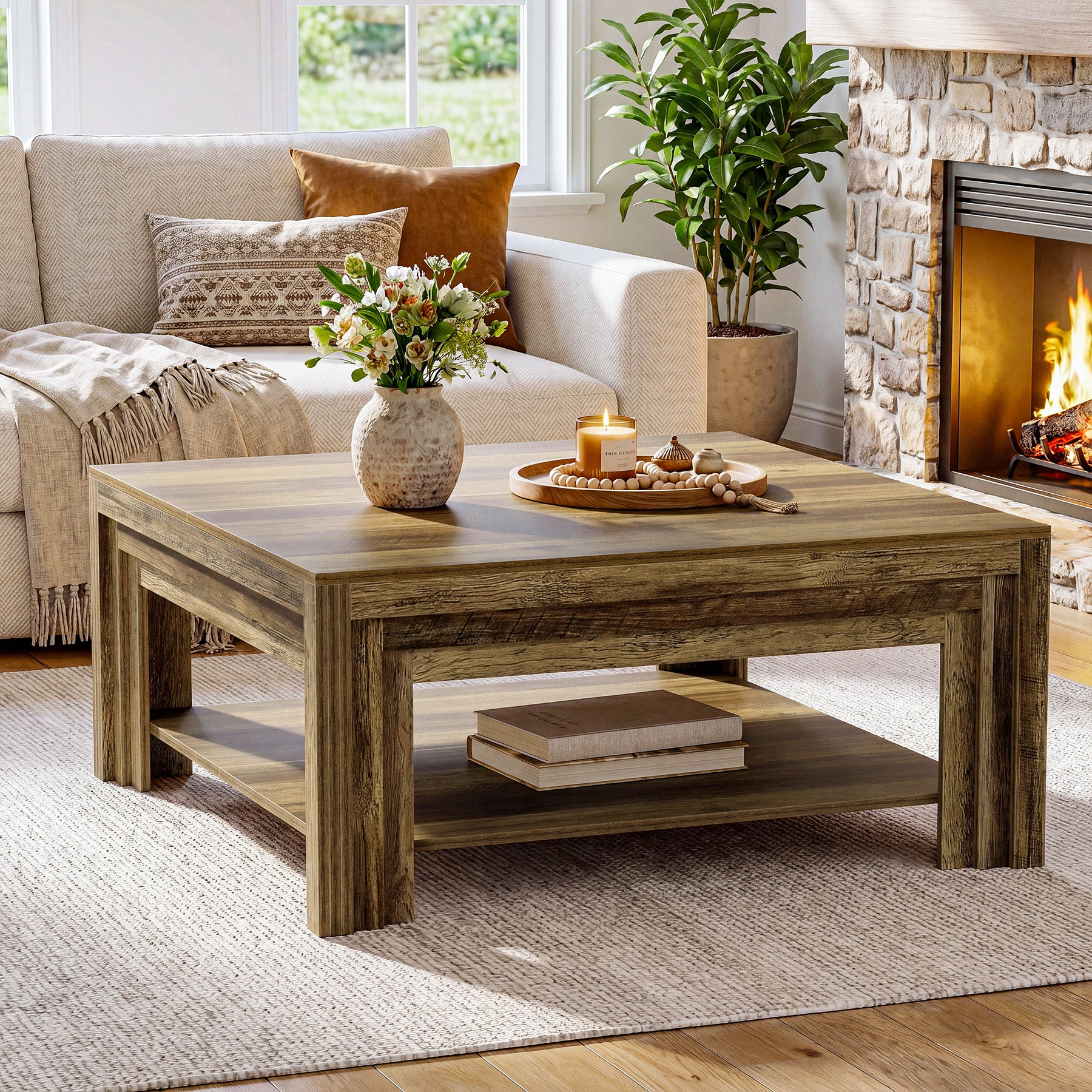 Tribesigns 39.37-Inch Square Coffee Table, Farmhouse Center Table with Shelf for Living Room - Image 17