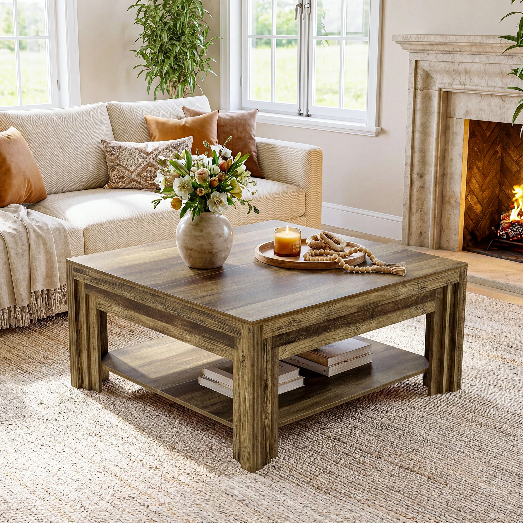 Tribesigns 39.37-Inch Square Coffee Table, Farmhouse Center Table with Shelf for Living Room - Image 18