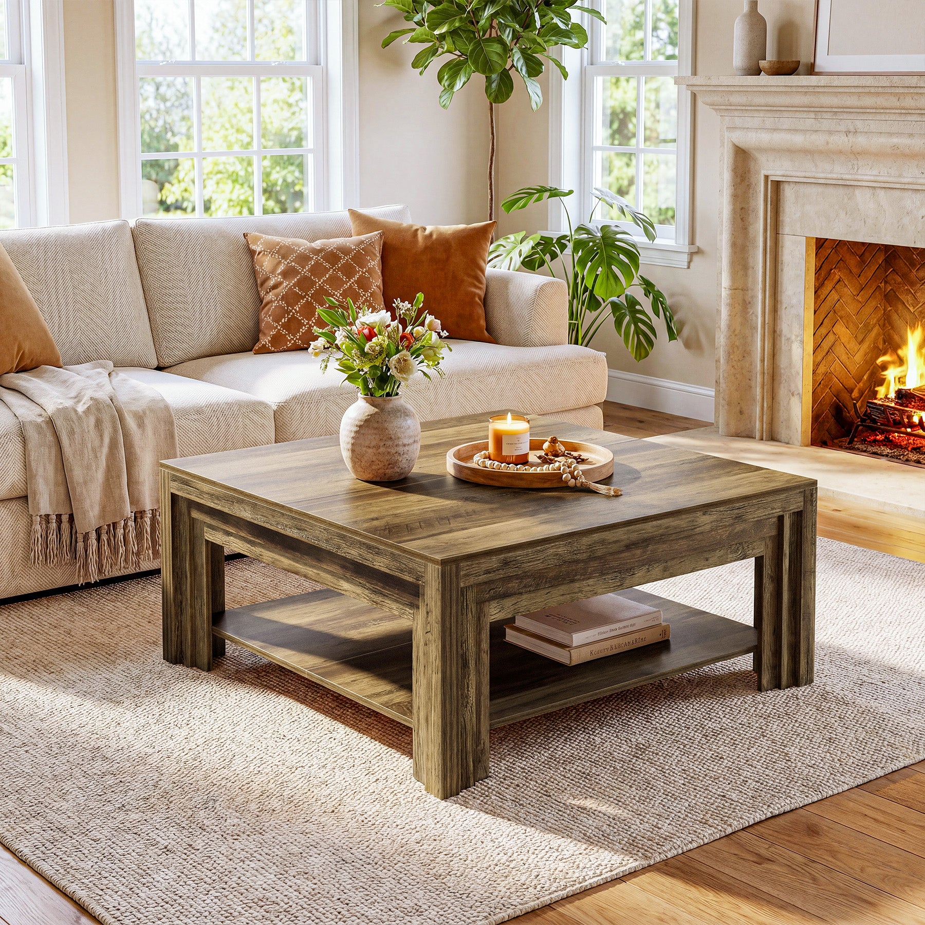 Tribesigns 39.37-Inch Square Coffee Table, Farmhouse Center Table with Shelf for Living Room - Image 19