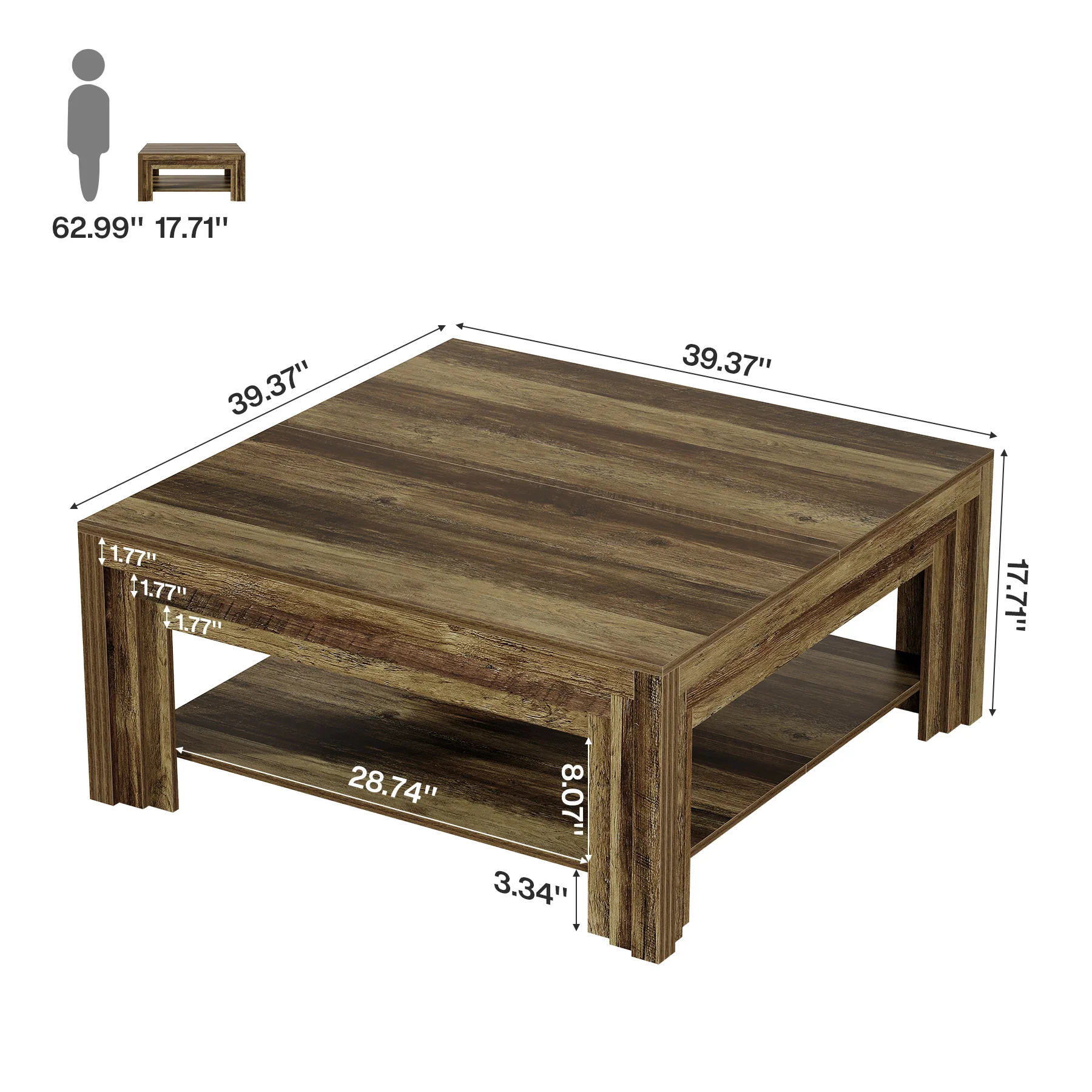 Tribesigns 39.37-Inch Square Coffee Table, Farmhouse Center Table with Shelf for Living Room - Image 2