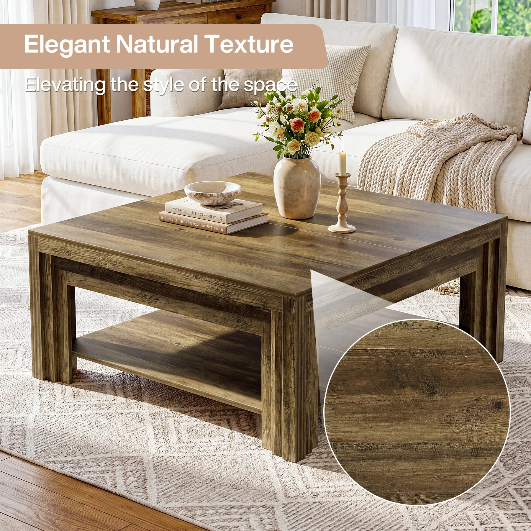Tribesigns 39.37-Inch Square Coffee Table, Farmhouse Center Table with Shelf for Living Room - Image 3