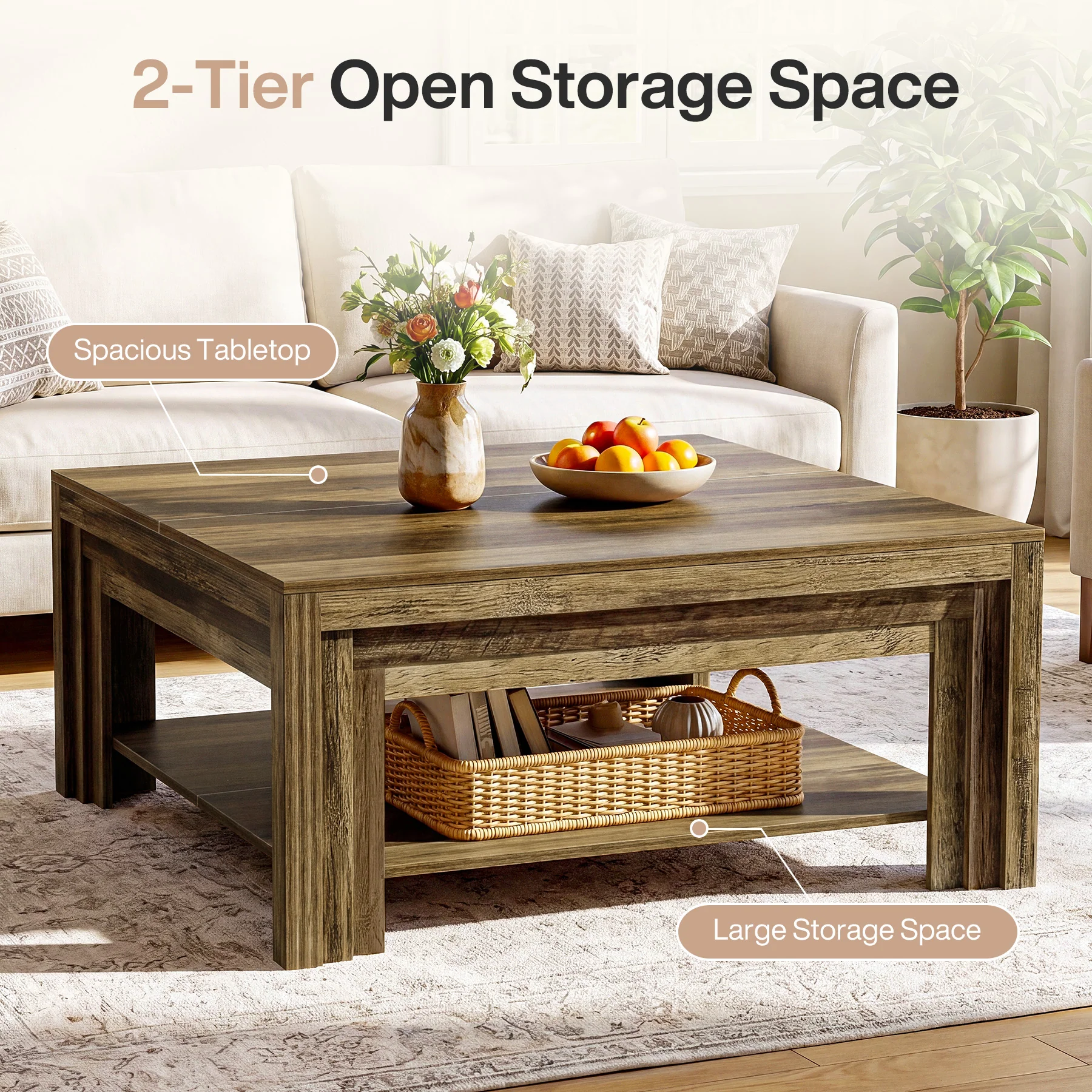 Tribesigns 39.37-Inch Square Coffee Table, Farmhouse Center Table with Shelf for Living Room - Image 5