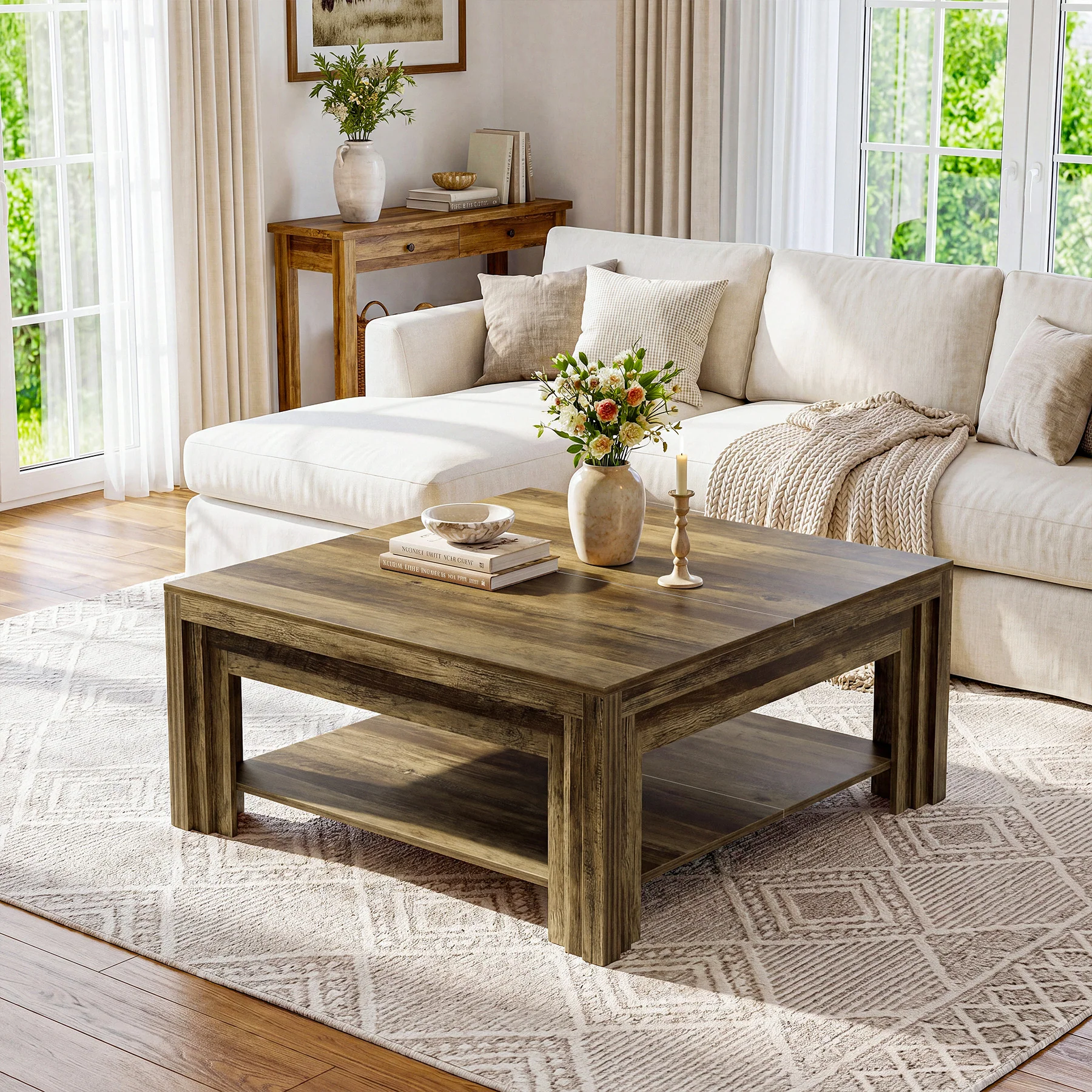 Tribesigns 39.37-Inch Square Coffee Table, Farmhouse Center Table with Shelf for Living Room - Image 6