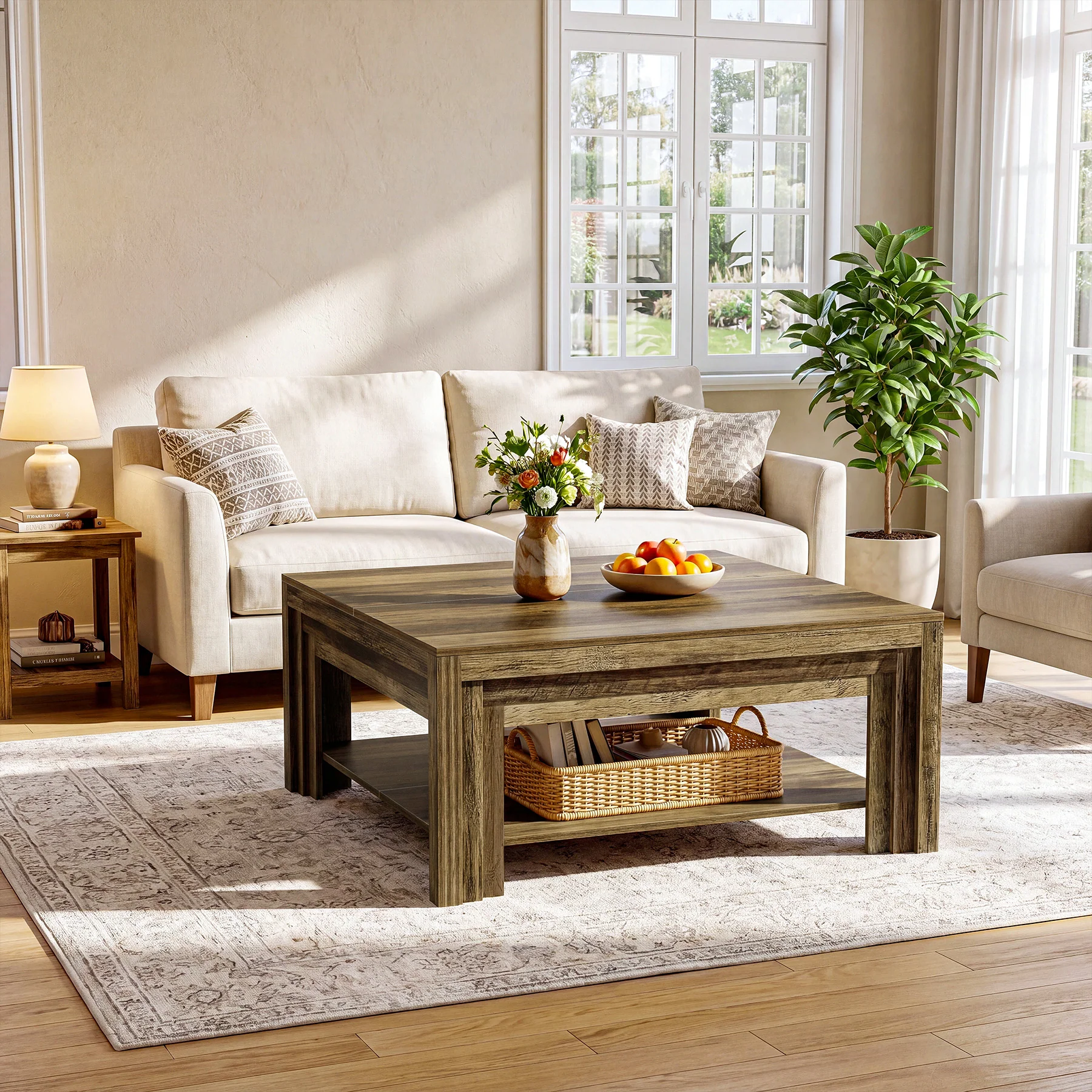 Tribesigns 39.37-Inch Square Coffee Table, Farmhouse Center Table with Shelf for Living Room - Image 7