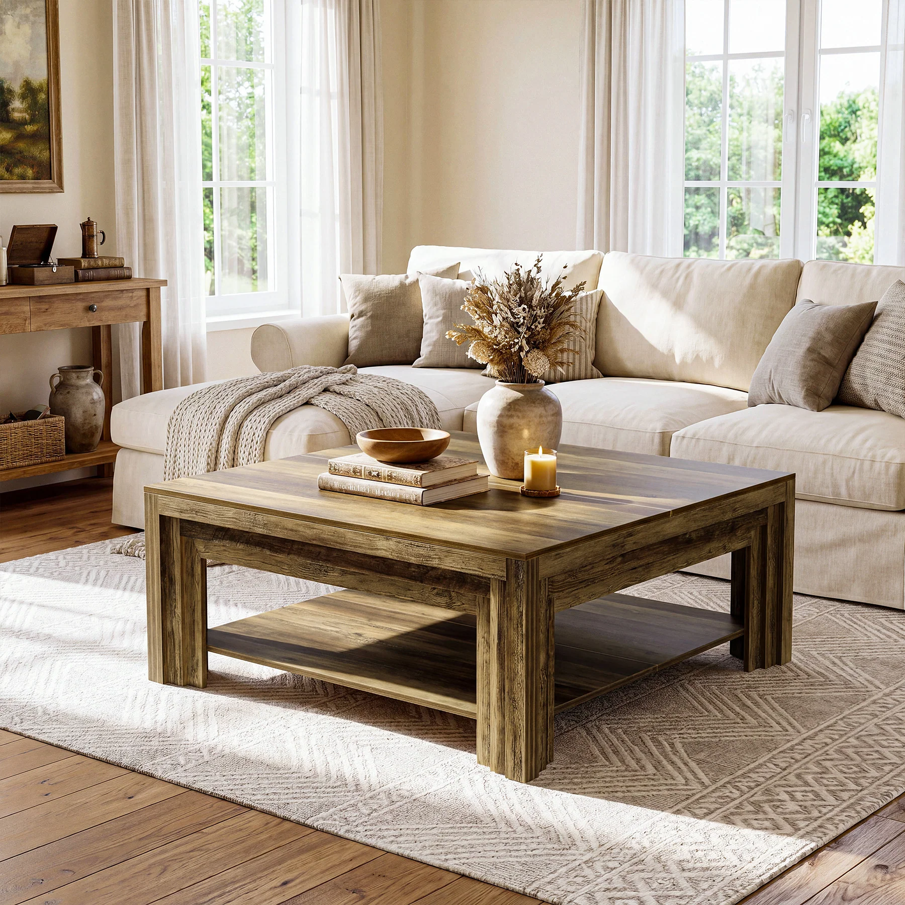 Tribesigns 39.37-Inch Square Coffee Table, Farmhouse Center Table with Shelf for Living Room - Image 8