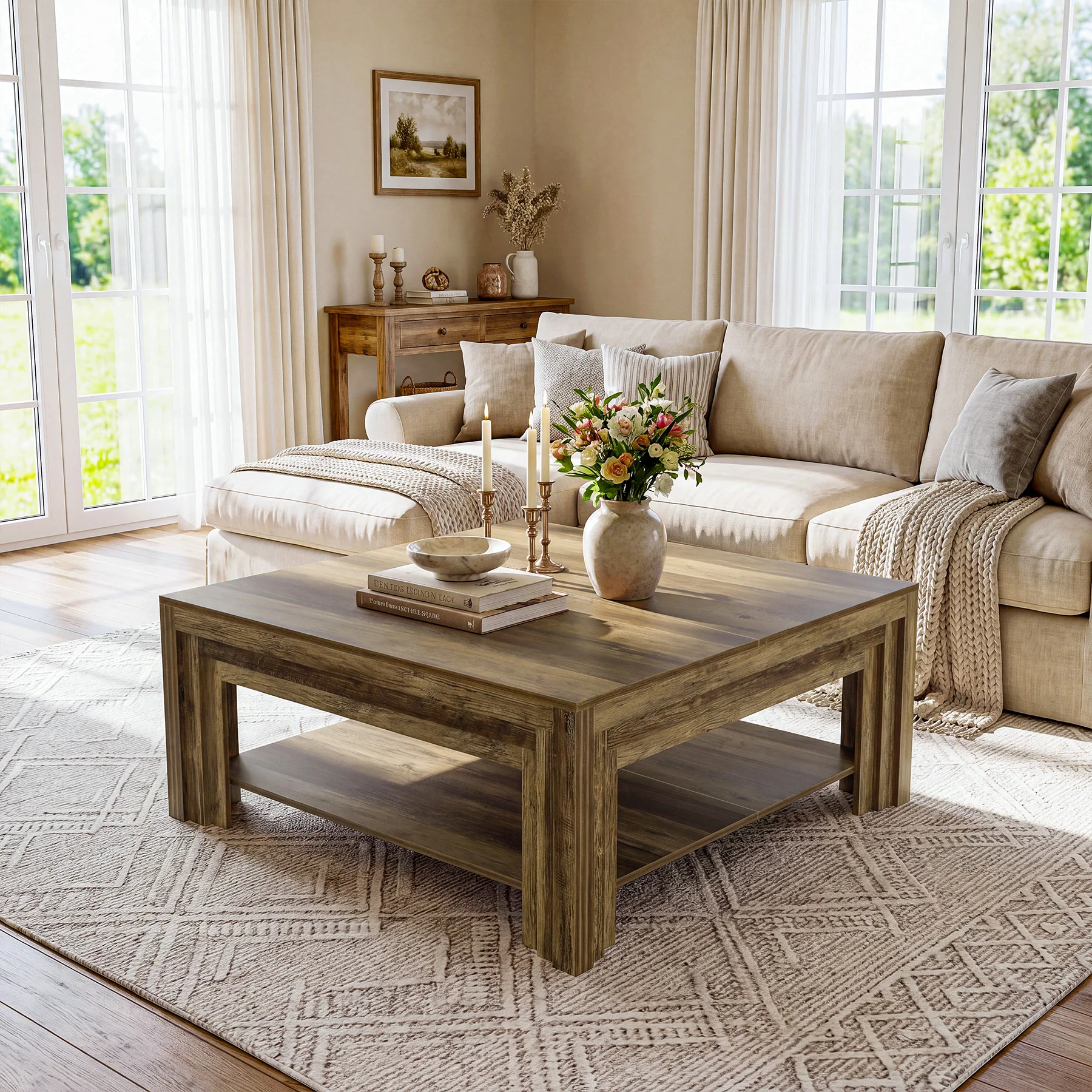 Tribesigns 39.37-Inch Square Coffee Table, Farmhouse Center Table with Shelf for Living Room - Image 9