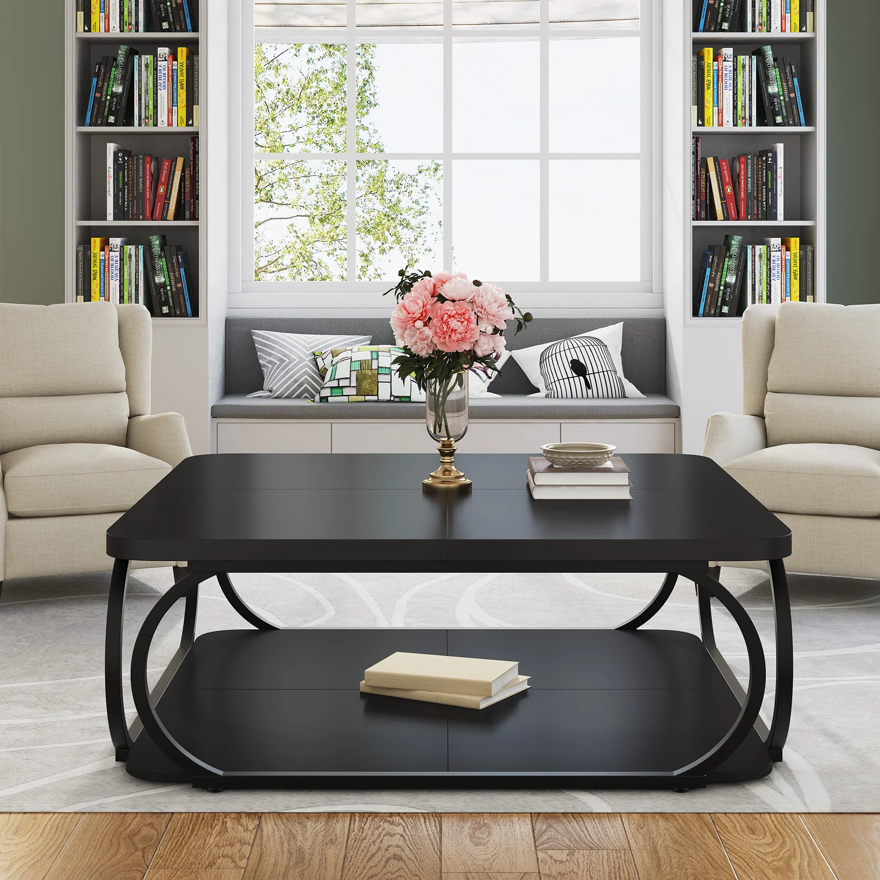 Square Coffee Table, 39" Central Cocktail Table with 2-Tier Shelves - Image 12