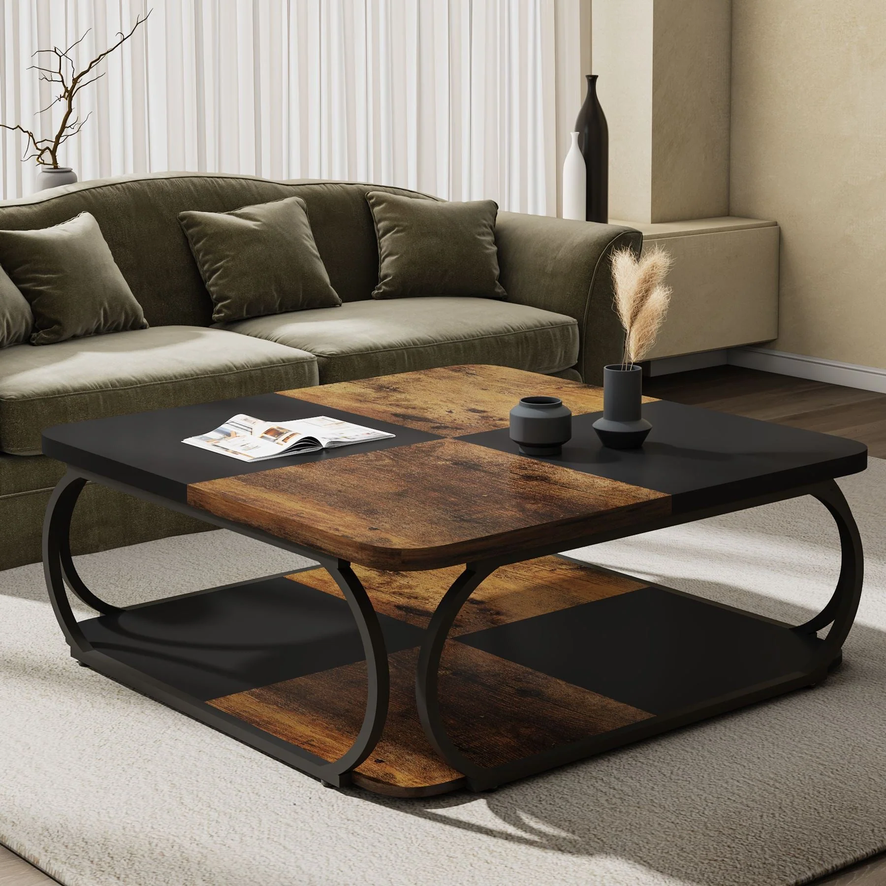 Square Coffee Table, 39" Central Cocktail Table with 2-Tier Shelves - Image 3