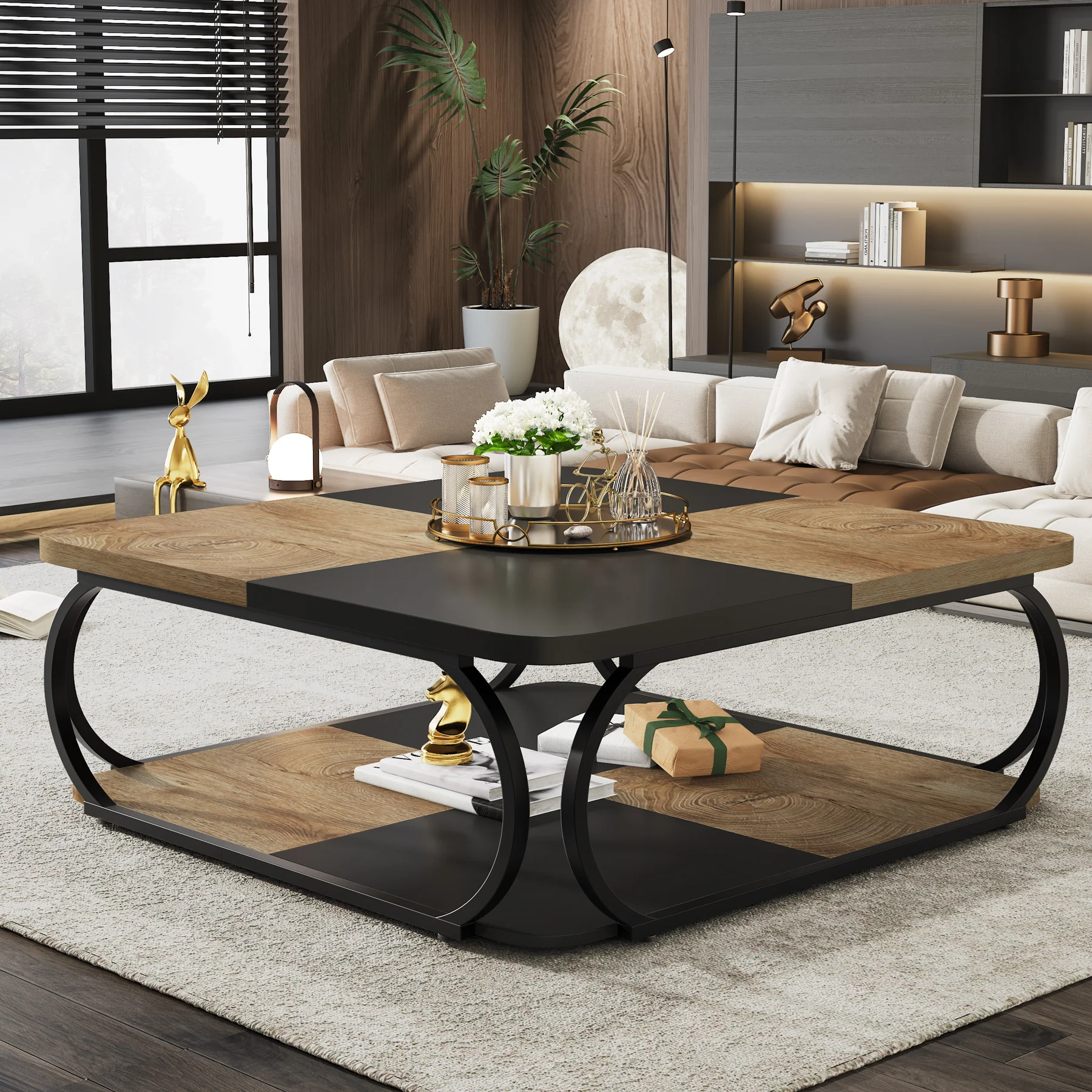 Square Coffee Table, 39" Central Cocktail Table with 2-Tier Shelves - Image 9