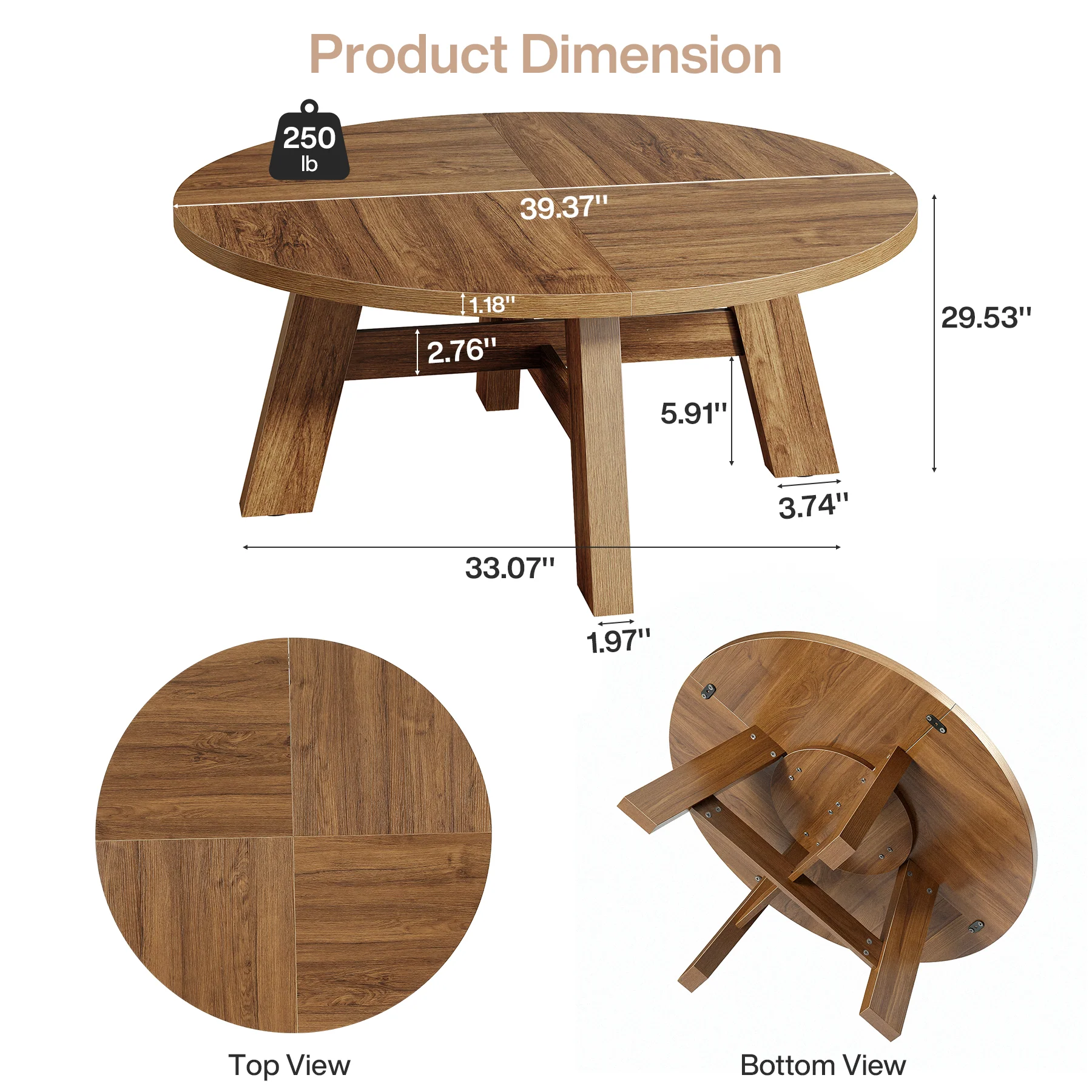 Round Coffee Table, 39" Circle Center Table with Reinforced Cross Brace - Image 2