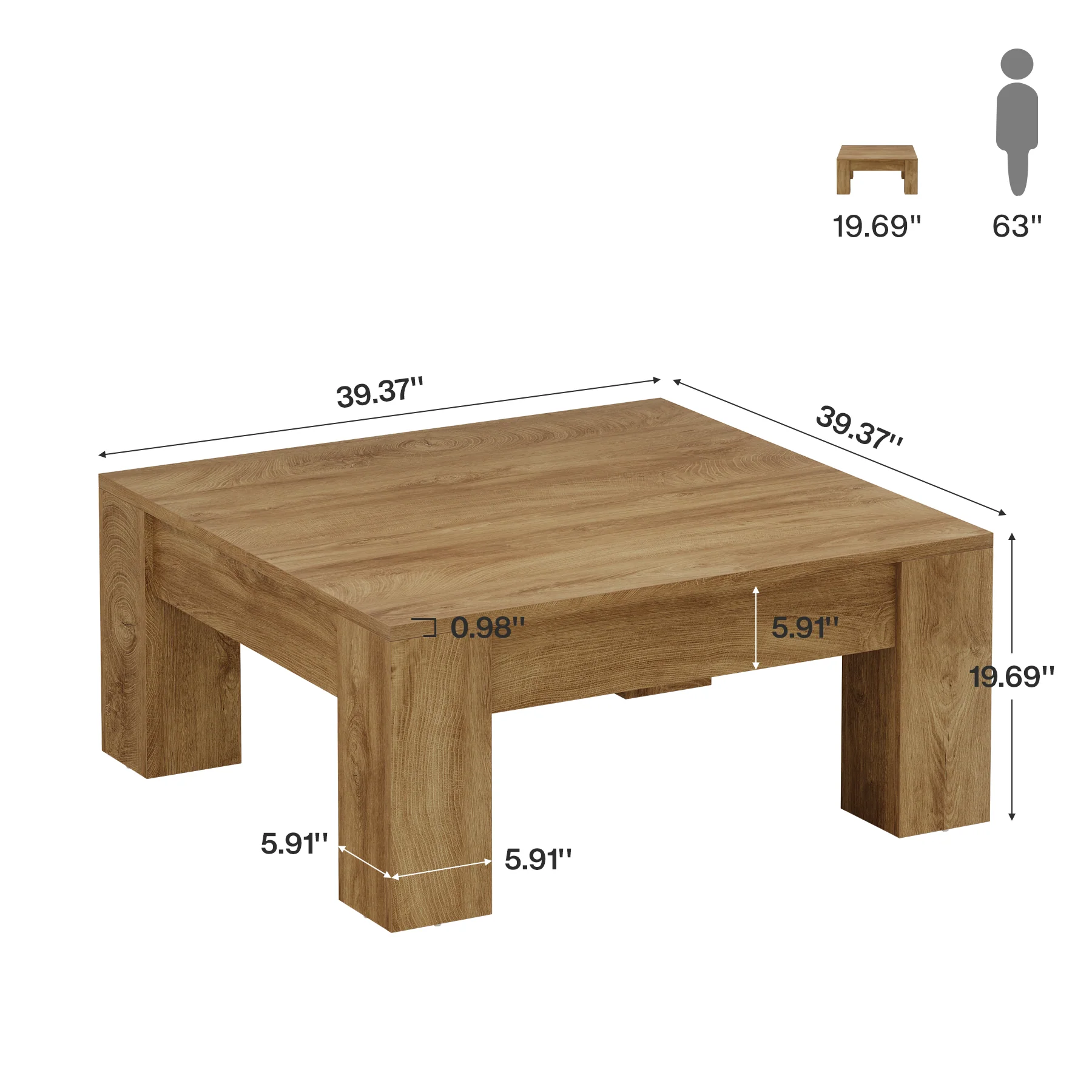 39" Square Coffee Table, Farmhouse Wood Coffee Table with Sturdy Legs - Image 2