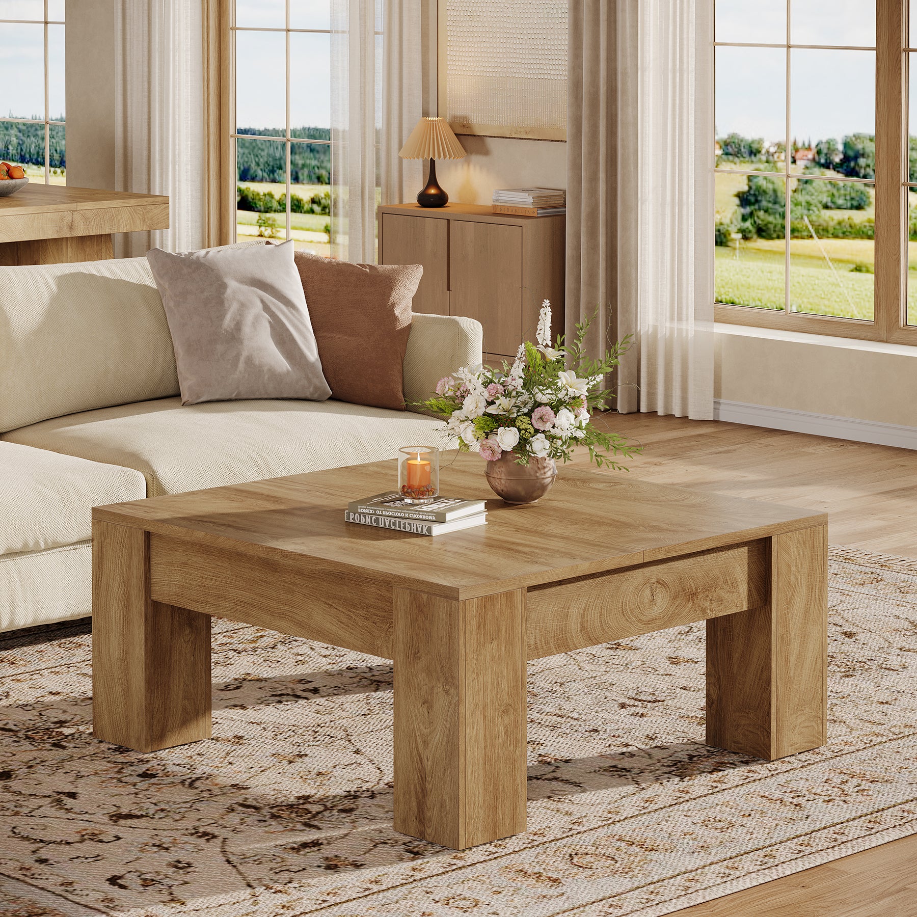 39" Square Coffee Table, Farmhouse Wood Coffee Table with Sturdy Legs - Image 3