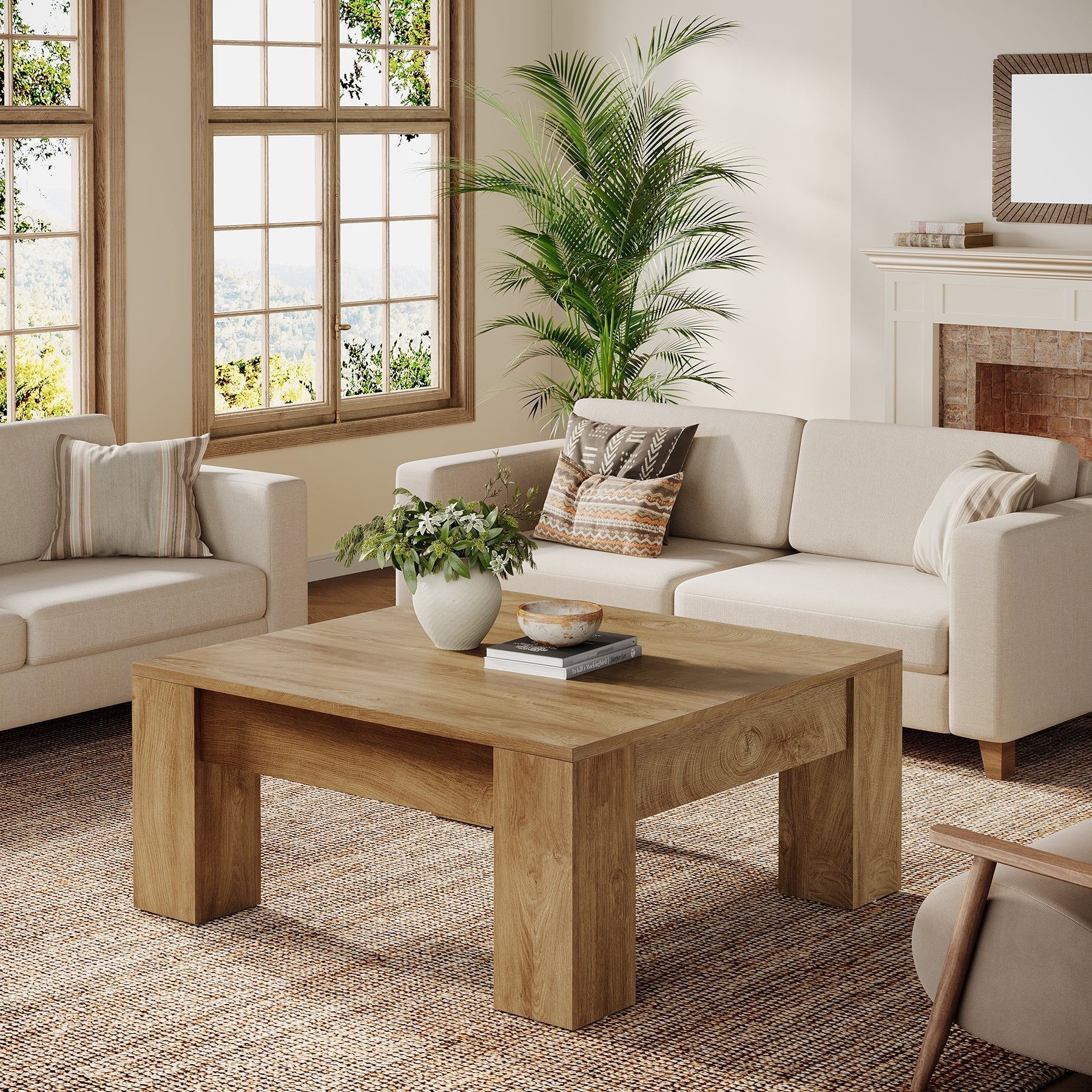 39" Square Coffee Table, Farmhouse Wood Coffee Table with Sturdy Legs - Image 4