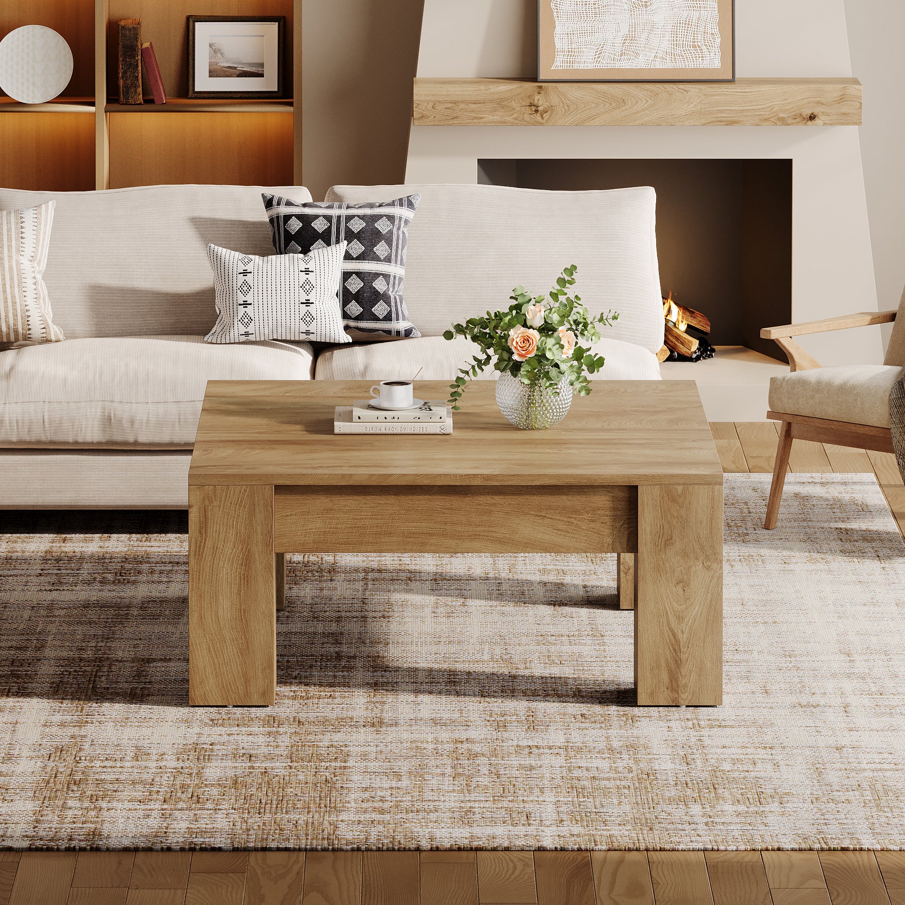 39" Square Coffee Table, Farmhouse Wood Coffee Table with Sturdy Legs - Image 5