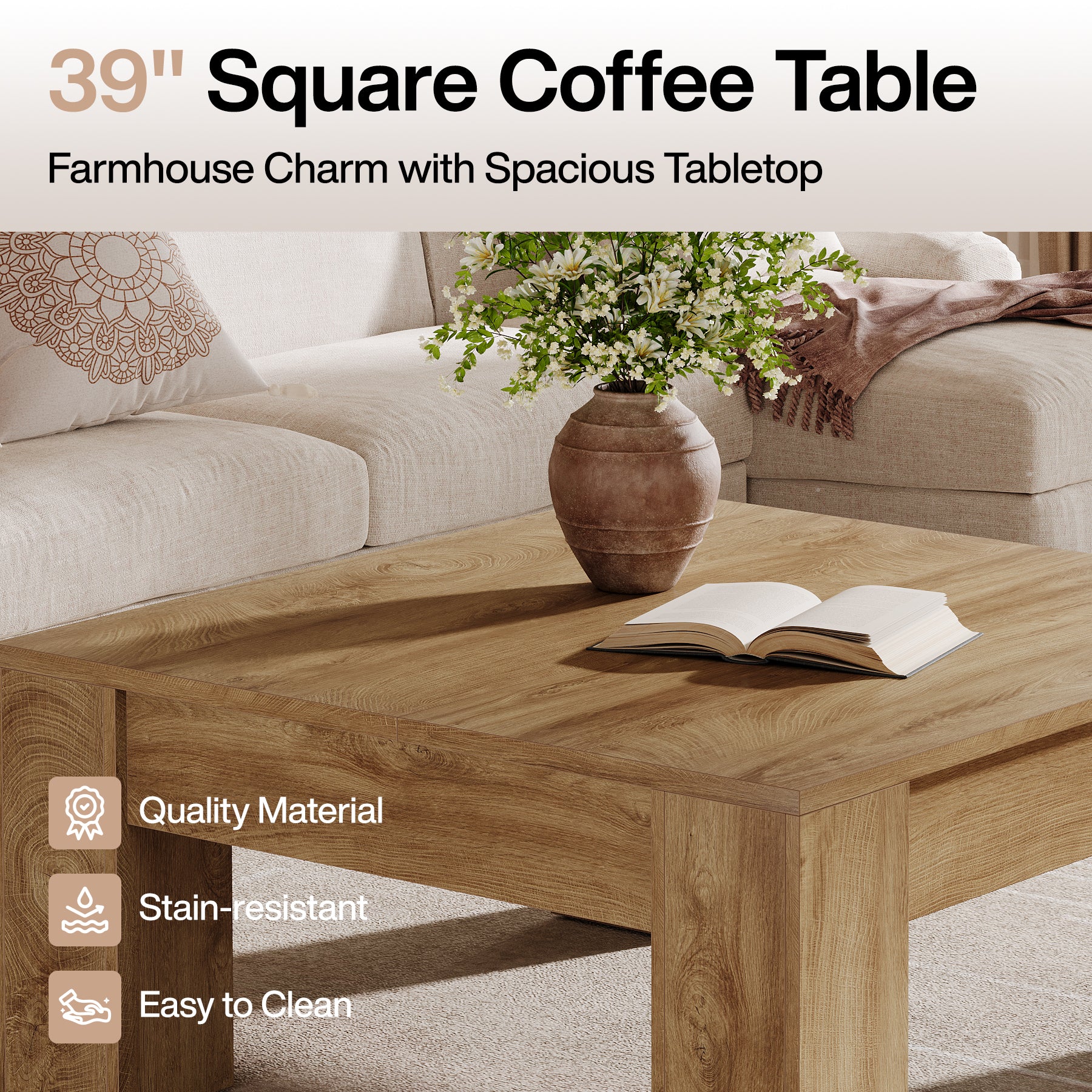 39" Square Coffee Table, Farmhouse Wood Coffee Table with Sturdy Legs - Image 6