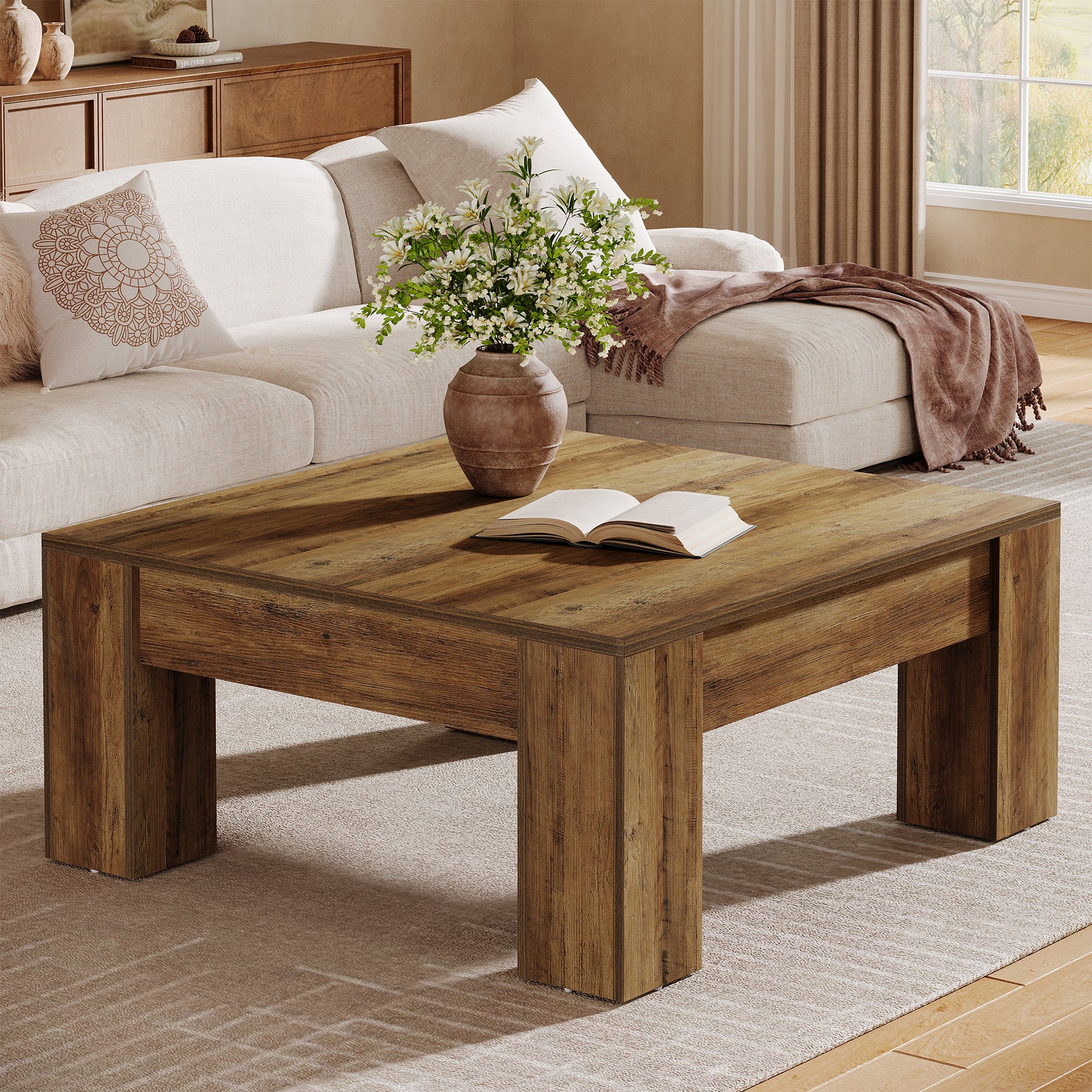 39" Square Coffee Table, Farmhouse Wood Coffee Table with Sturdy Legs - Image 7