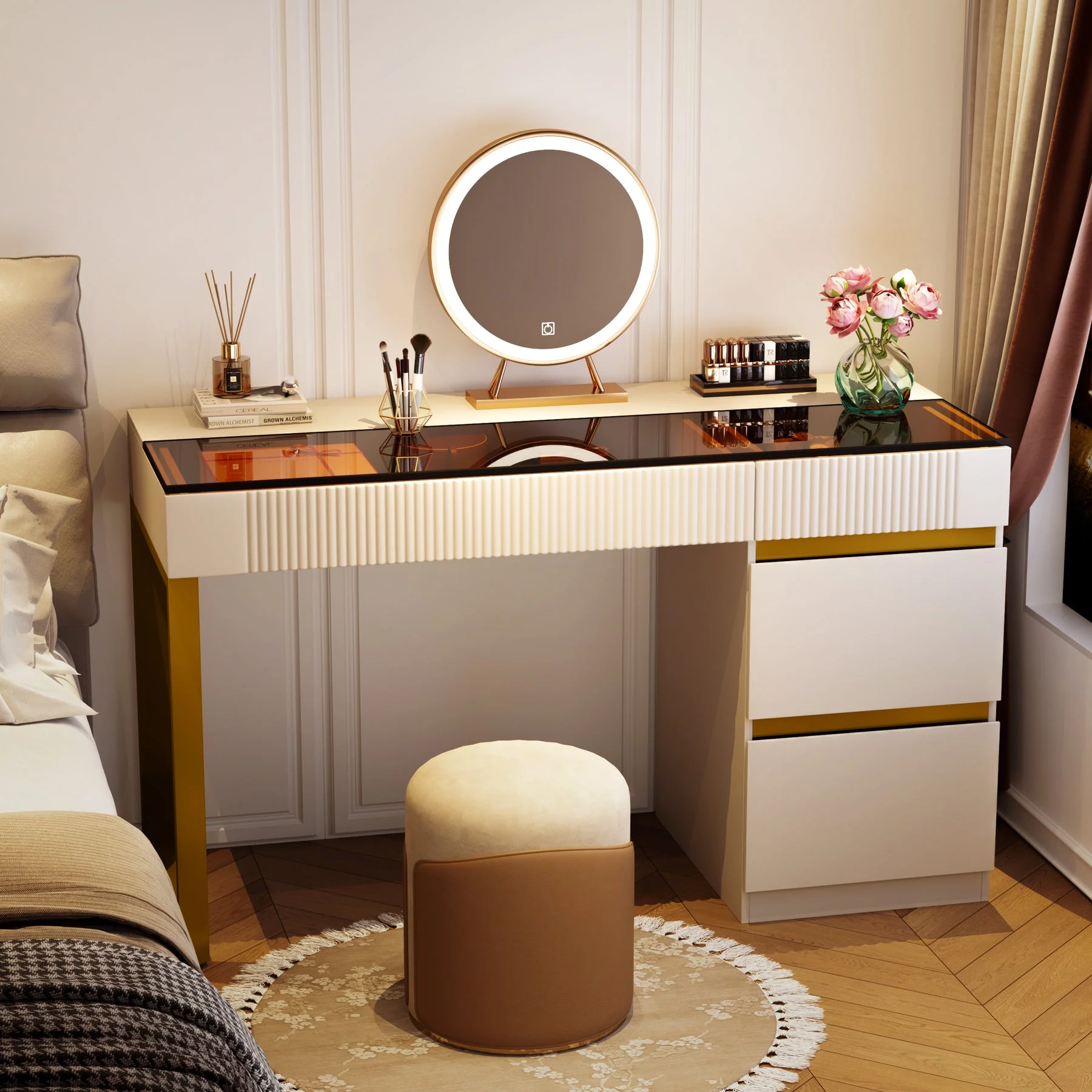 4-Drawer Makeup Vanity, Modern Dressing Table with Glass Desktop(Without Mirror) - Image 3